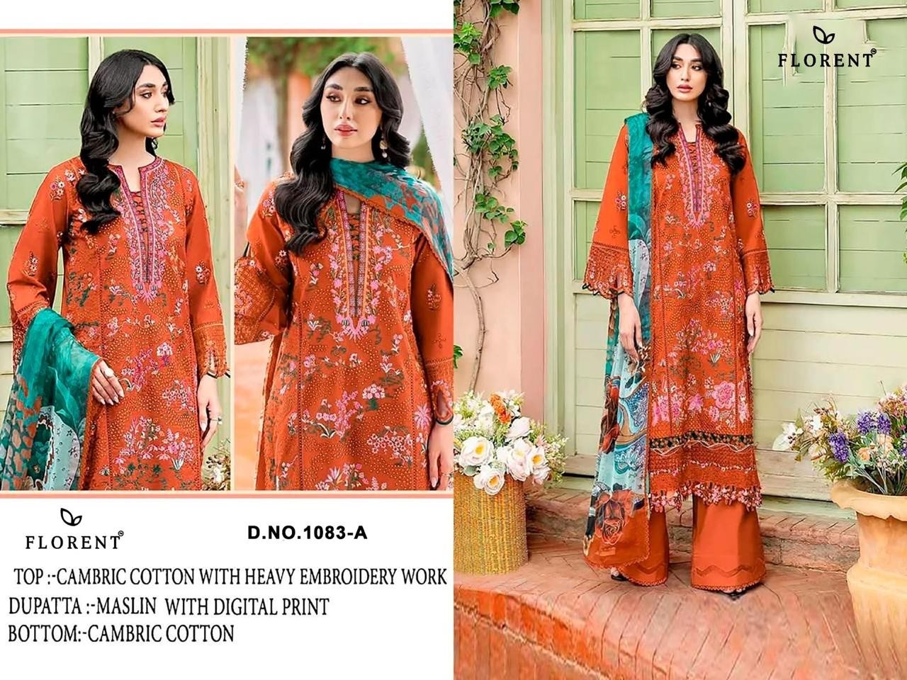 FLORENT DNO 1083 AB Cambric Cotton Heavy Embroidered 3 Piece Suit Pakistani Dress Single Peice Wholesale Price 