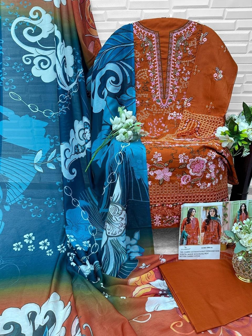 FLORENT DNO 1083 AB Cambric Cotton Heavy Embroidered 3 Piece Suit Pakistani Dress Single Peice Wholesale Price 