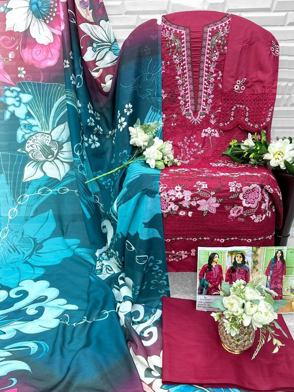 FLORENT DNO 1083 AB Cambric Cotton Heavy Embroidered 3 Piece Suit Pakistani Dress Single Peice Wholesale Price 