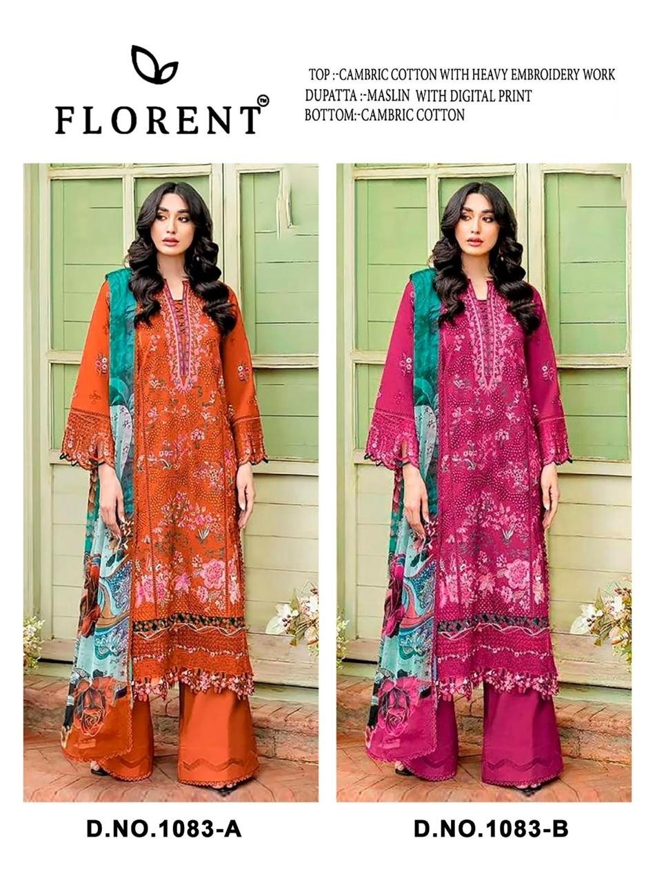 FLORENT DNO 1083 AB Cambric Cotton Heavy Embroidered 3 Piece Suit Pakistani Dress Single Peice Wholesale Price 
