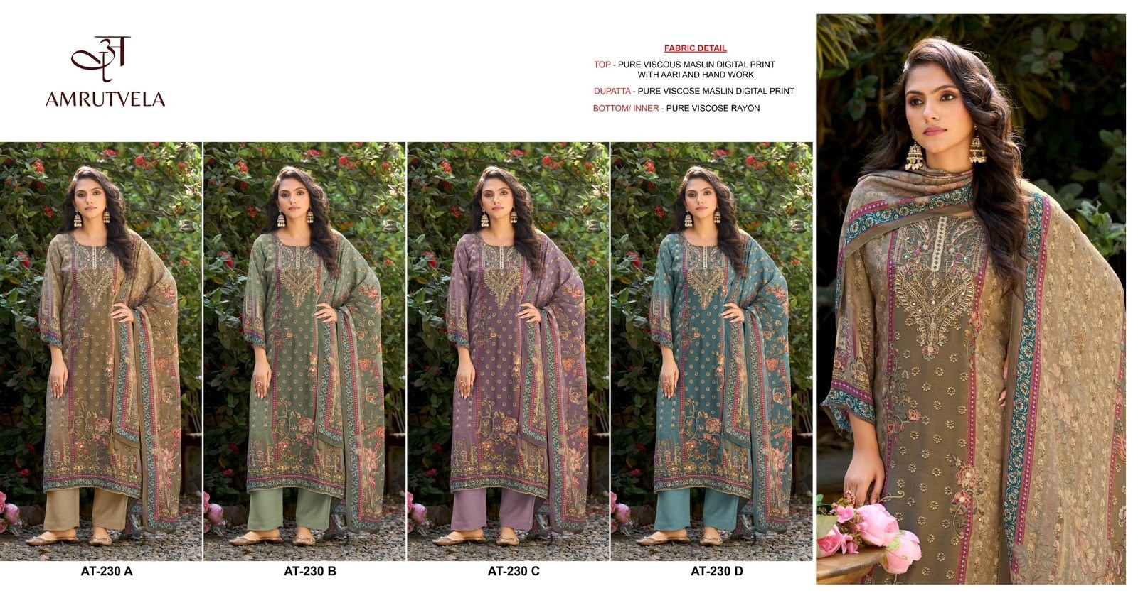 AMRUTVELA | AT230 | Pure Viscose Maslin Aari Work Suit | RD Fashion Surat