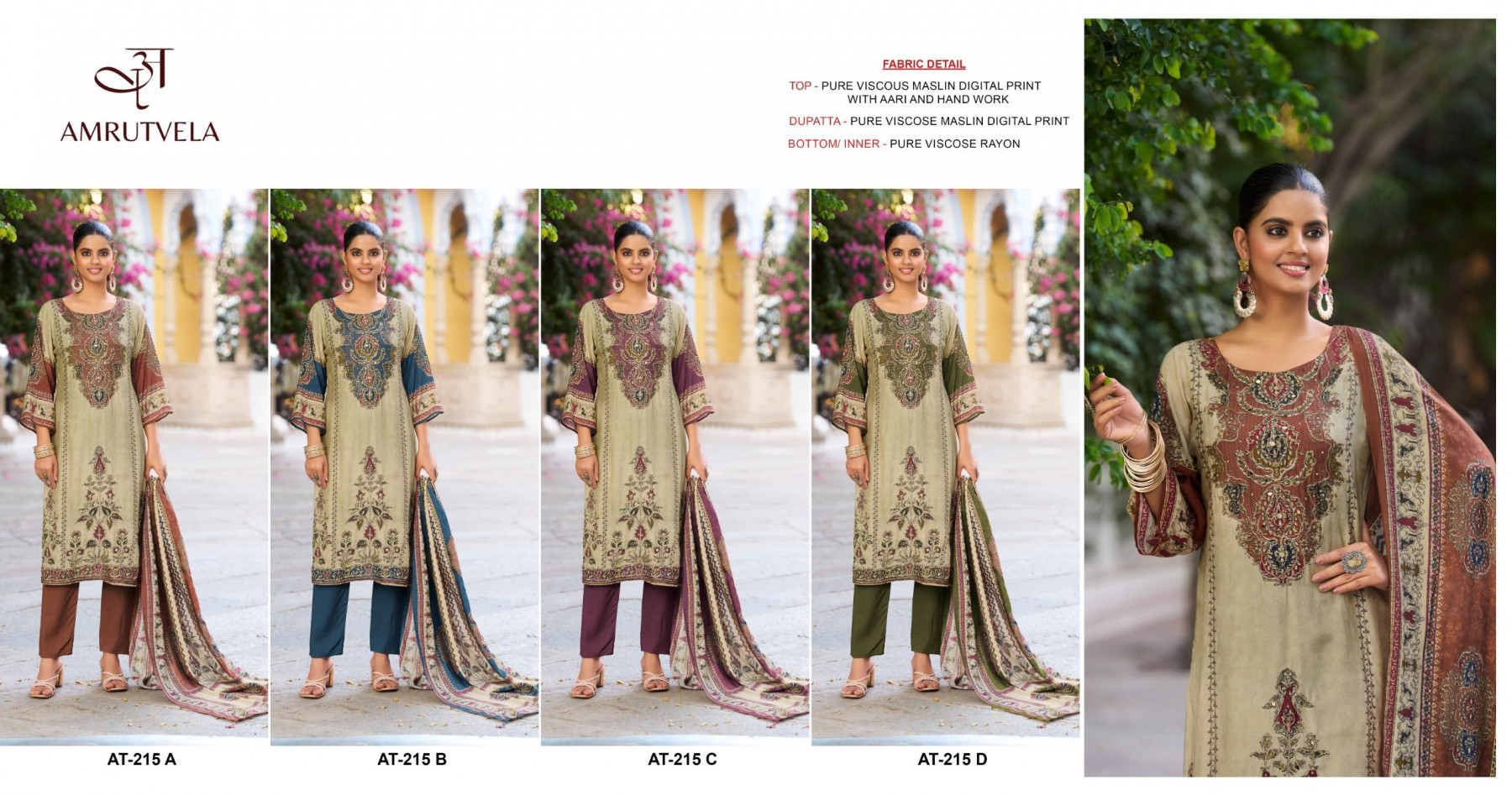 AMRUTVELA | AT-215 ABCD | Viscose Maslin Aari & Hand Work Suit | RD Fashion Surat
