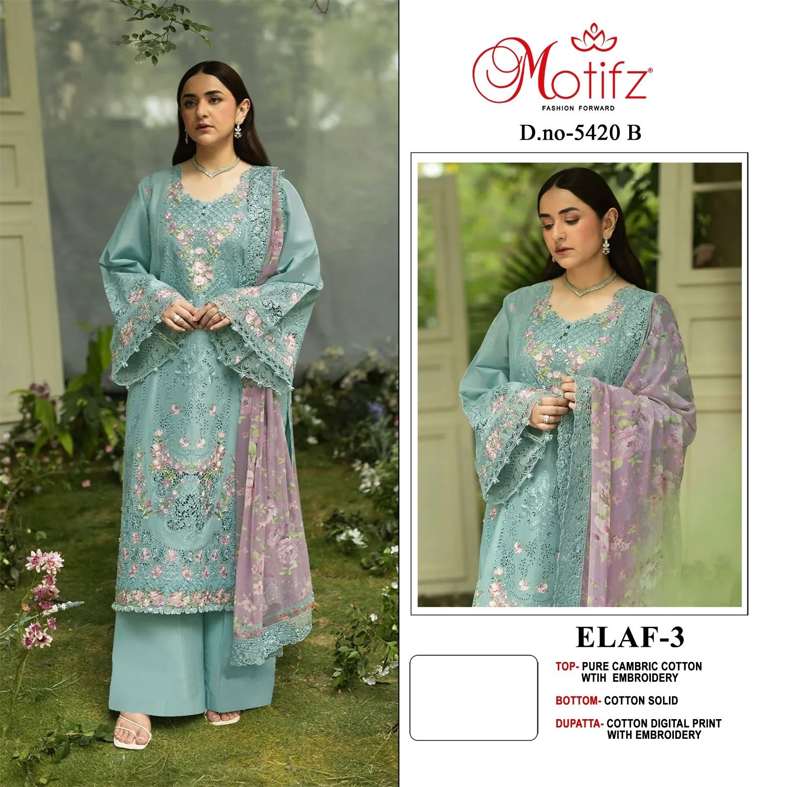 ELAF-3 | DNO 5420 | Pure Cambric Cotton Embroidered Suit | RD Fashion Surat