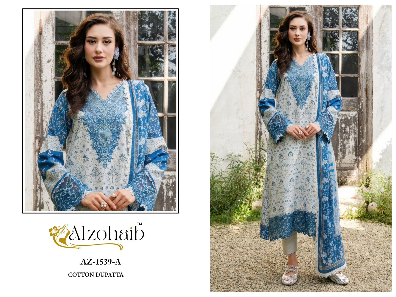 Shop Alzohaib Innaya Pakistani Concept Suit at RD Fashion Surat. Pure Cotton top with boring and patch work, Semi Lawn bottom and Cotton or Chiffon dupatta. ₹749–₹799.