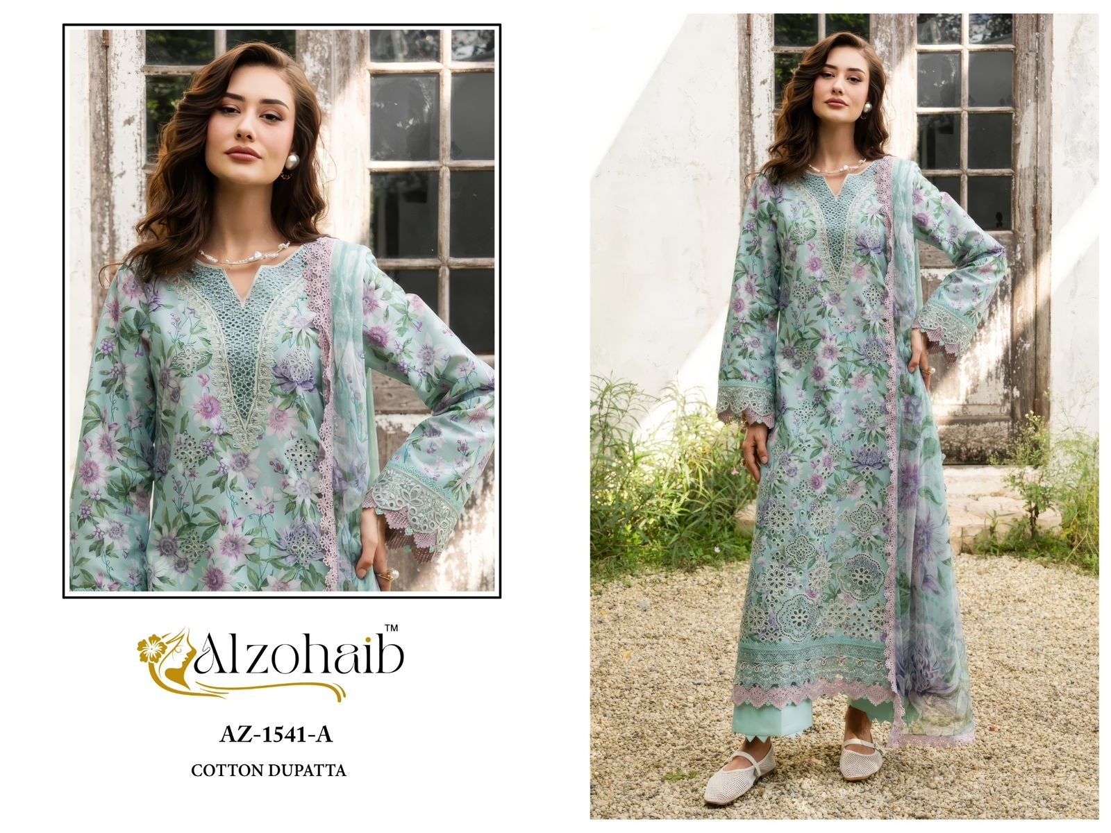 Shop Alzohaib Innaya Pakistani Concept Suit at RD Fashion Surat. Pure Cotton top with boring and patch work, Semi Lawn bottom and Cotton or Chiffon dupatta. ₹749–₹799.