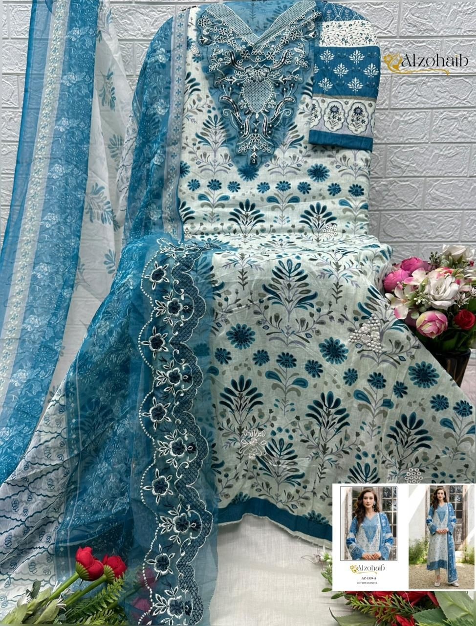 Shop Alzohaib Innaya Pakistani Concept Suit at RD Fashion Surat. Pure Cotton top with boring and patch work, Semi Lawn bottom and Cotton or Chiffon dupatta. ₹749–₹799.