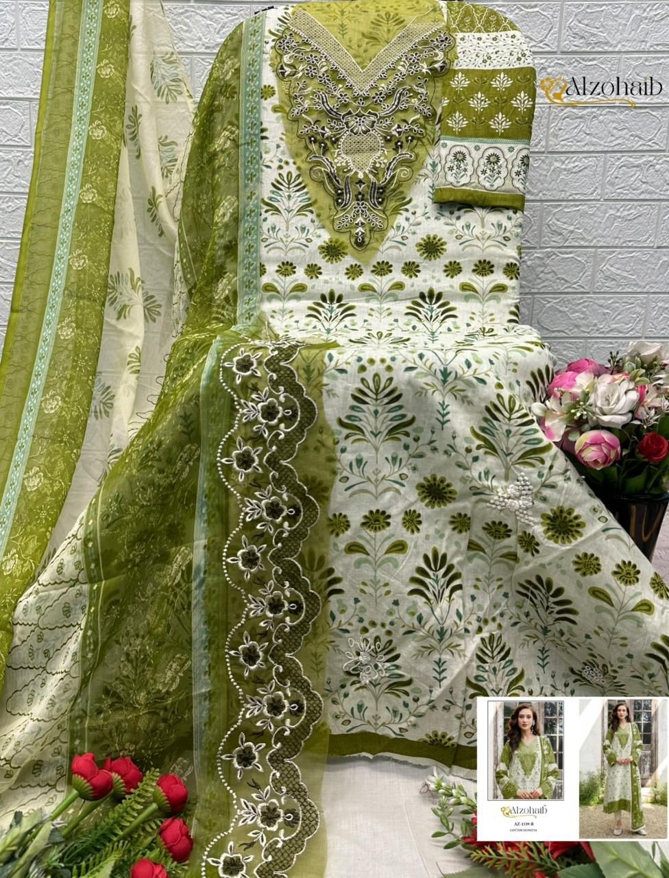 Shop Alzohaib Innaya Pakistani Concept Suit at RD Fashion Surat. Pure Cotton top with boring and patch work, Semi Lawn bottom and Cotton or Chiffon dupatta. ₹749–₹799.
