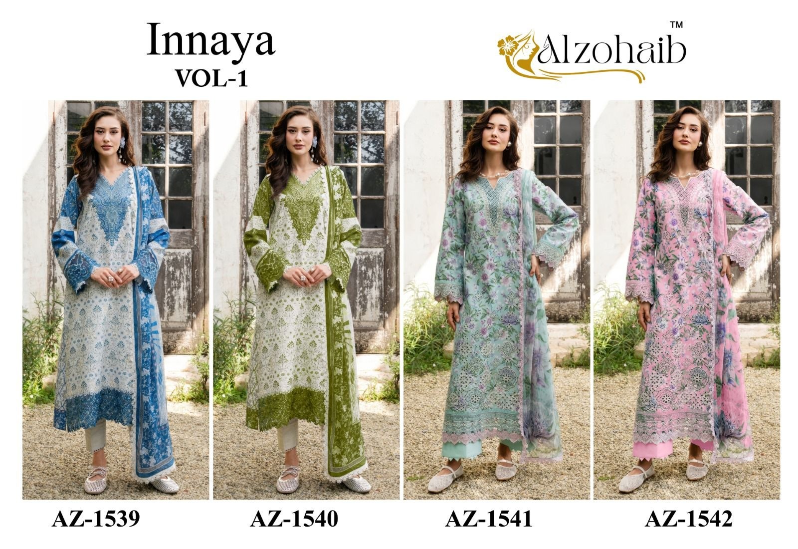 Shop Alzohaib Innaya Pakistani Concept Suit at RD Fashion Surat. Pure Cotton top with boring and patch work, Semi Lawn bottom and Cotton or Chiffon dupatta. ₹749–₹799.