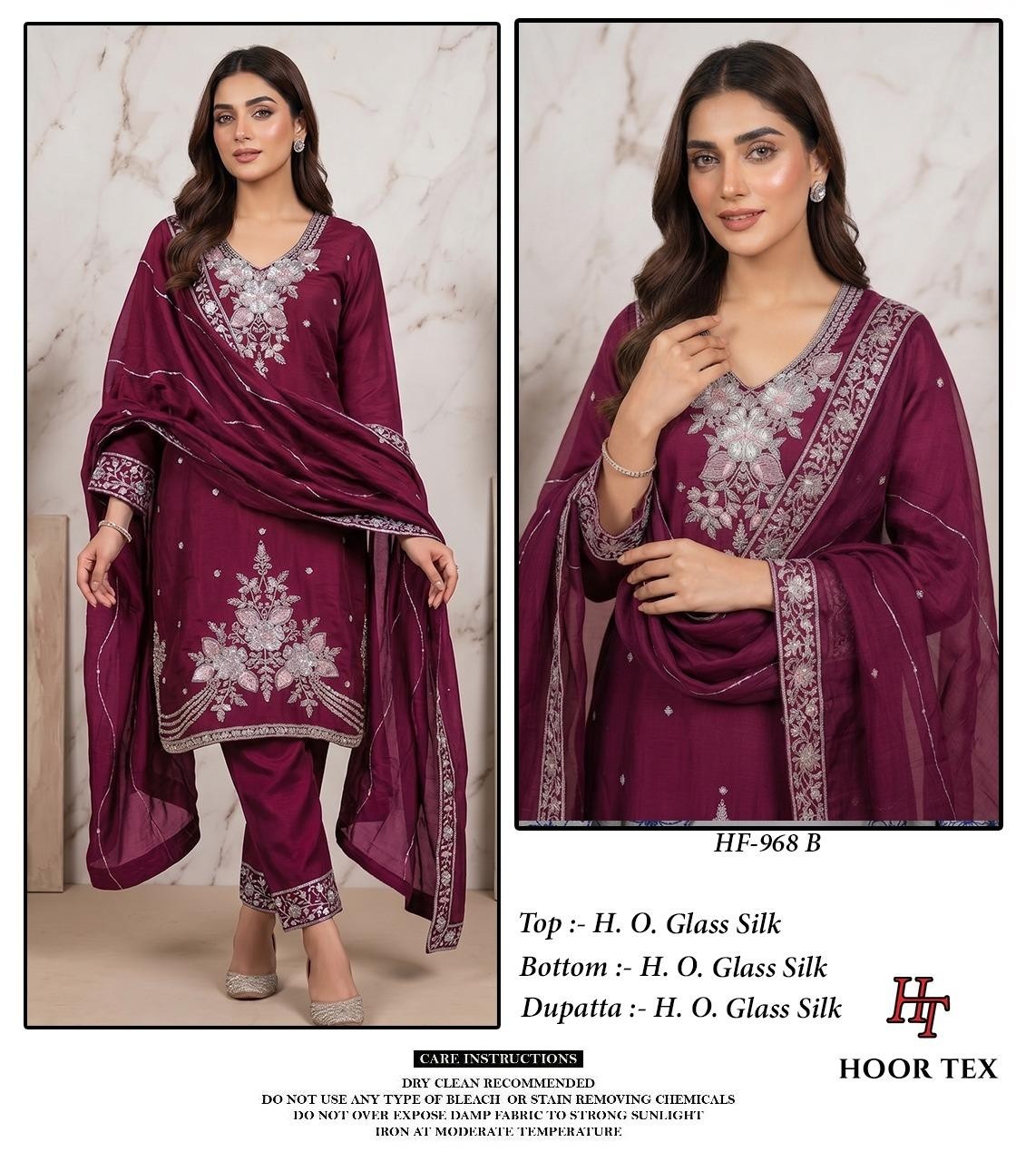 Hoor Tex | HF-968 A to D | Pakistani Full Stitched Suit | H.O. Glass Silk | XL-42 | Ready to Ship