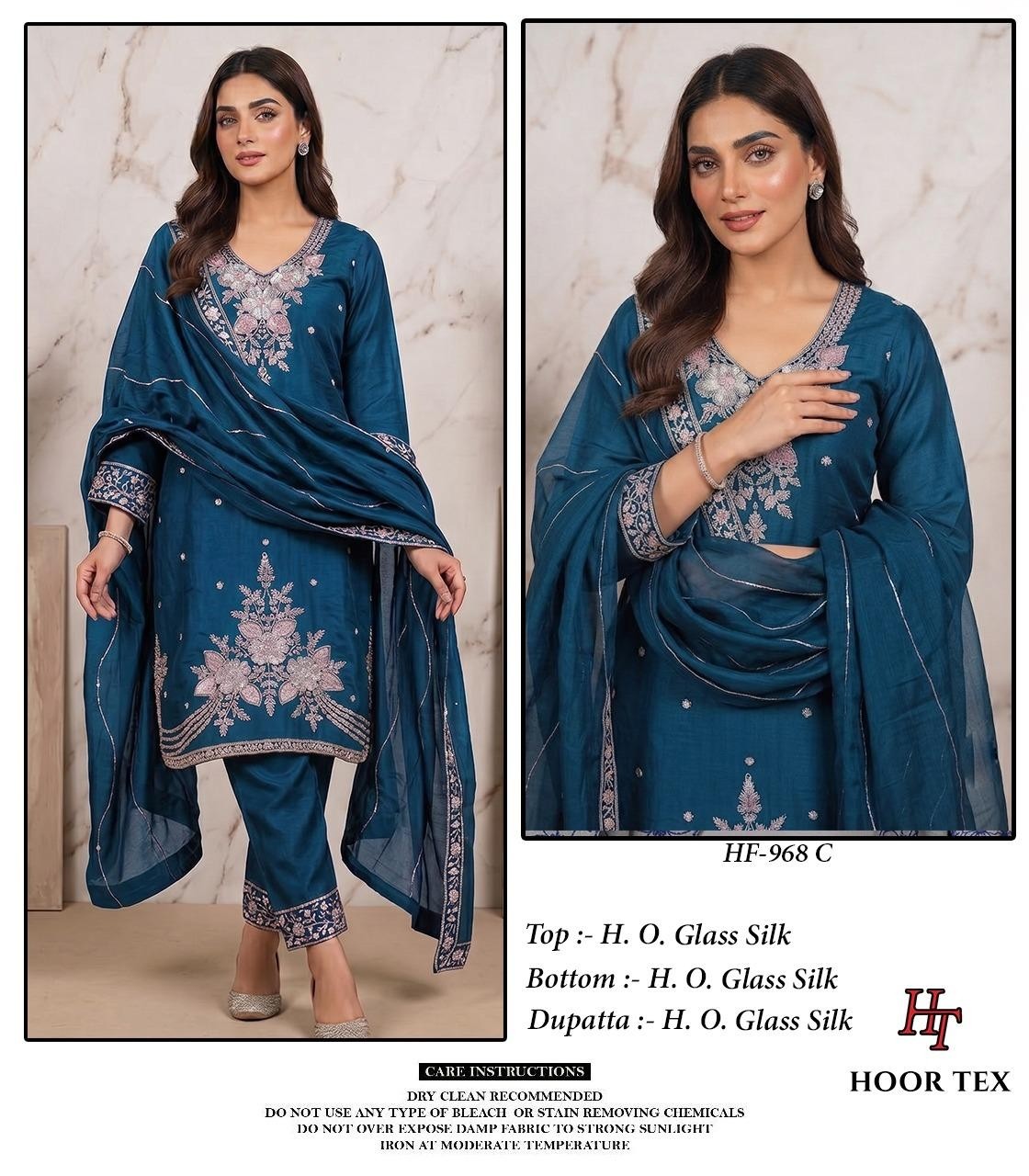 Hoor Tex | HF-968 A to D | Pakistani Full Stitched Suit | H.O. Glass Silk | XL-42 | Ready to Ship