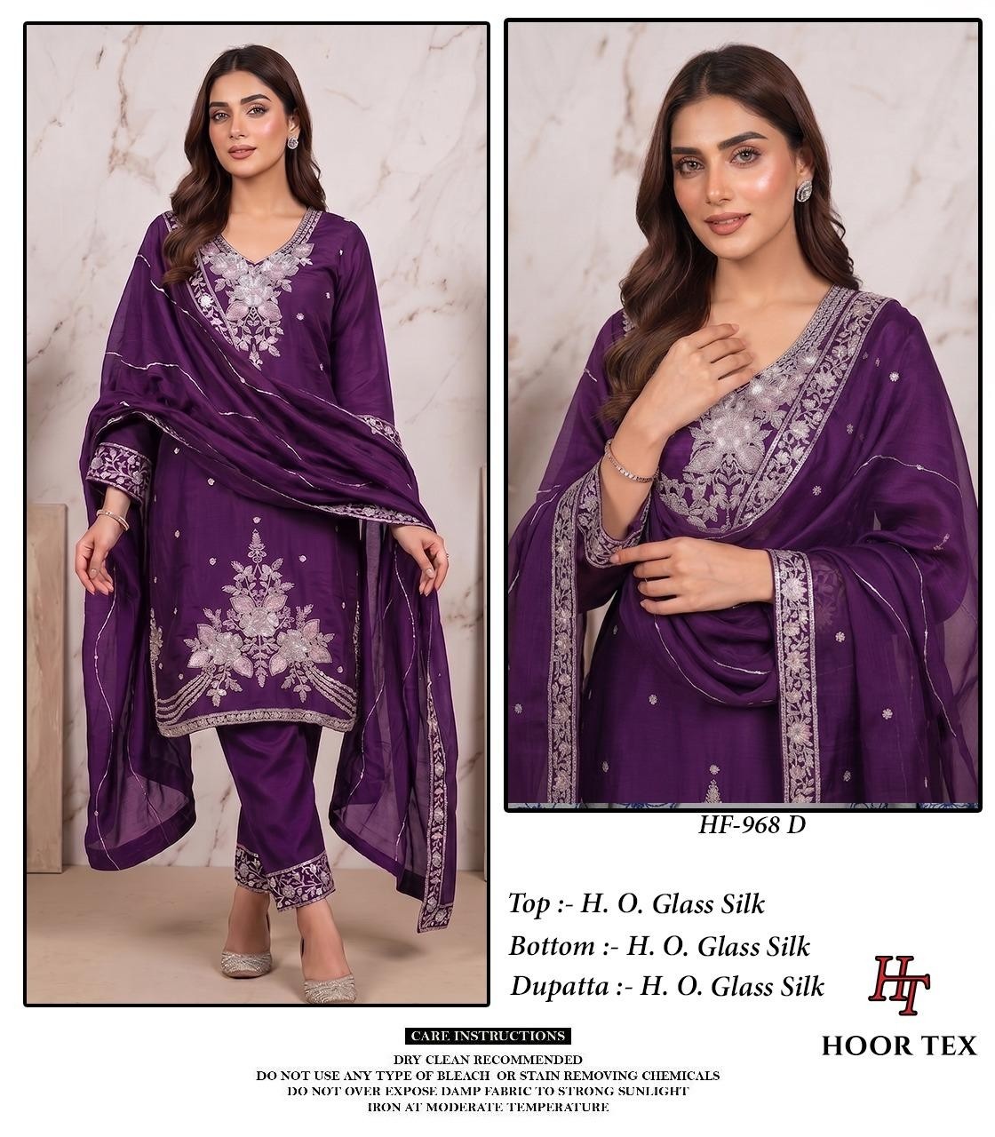 Hoor Tex | HF-968 A to D | Pakistani Full Stitched Suit | H.O. Glass Silk | XL-42 | Ready to Ship