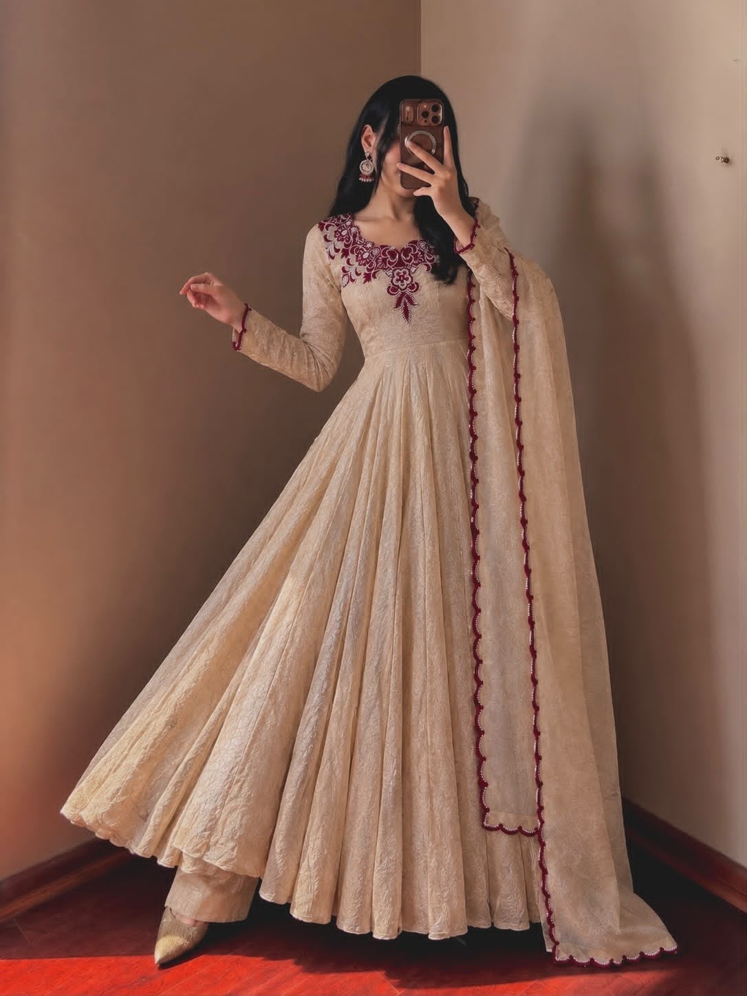 JF-058 | Doremon Crush Embroidered Gown Pant Dupatta Set | 7M Flair | M-XXL | Ready to Wear