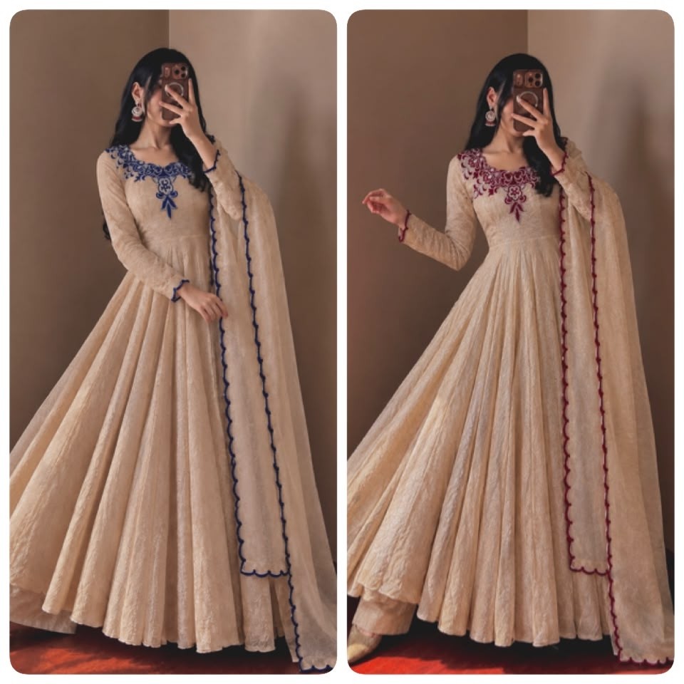 JF-058 | Doremon Crush Embroidered Gown Pant Dupatta Set | 7M Flair | M-XXL | Ready to Wear