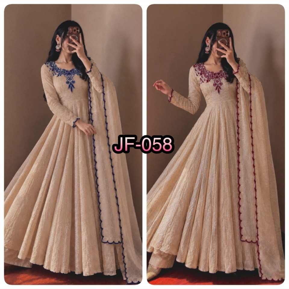 JF-058 | Doremon Crush Embroidered Gown Pant Dupatta Set | 7M Flair | M-XXL | Ready to Wear