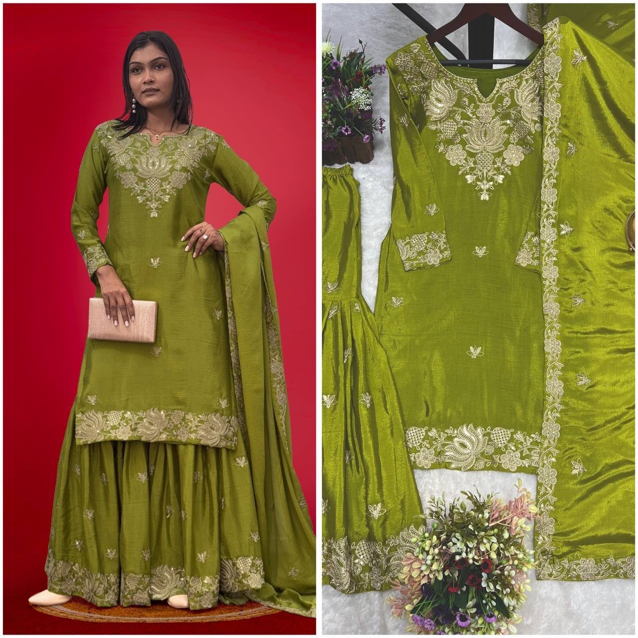 JD-587 | Pure Chinon Silk Kurti Sharara Dupatta Set | Embroidery & Sequence Work | M-XXL | Ready to Wear