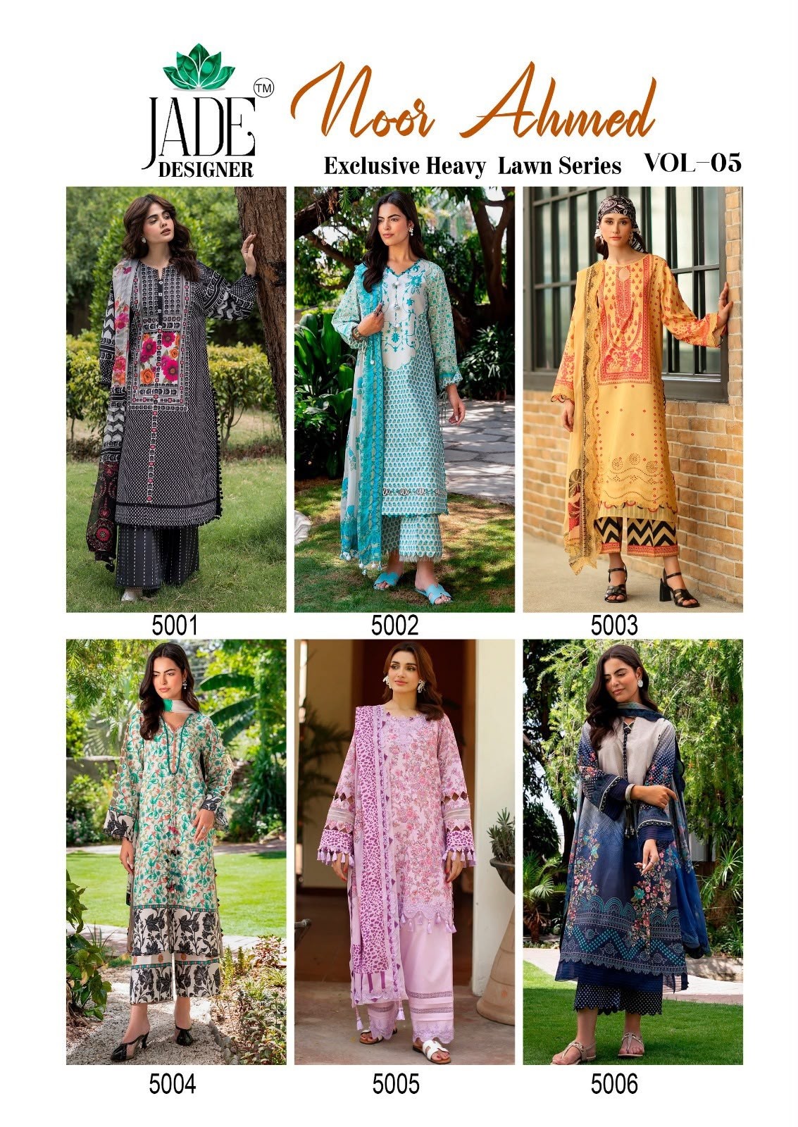 SAANVI TRENDS | JADE NOOR AHMED VOL-5 | Heavy Lawn Cotton Karachi Print | 6 Designs | ₹420 + GST