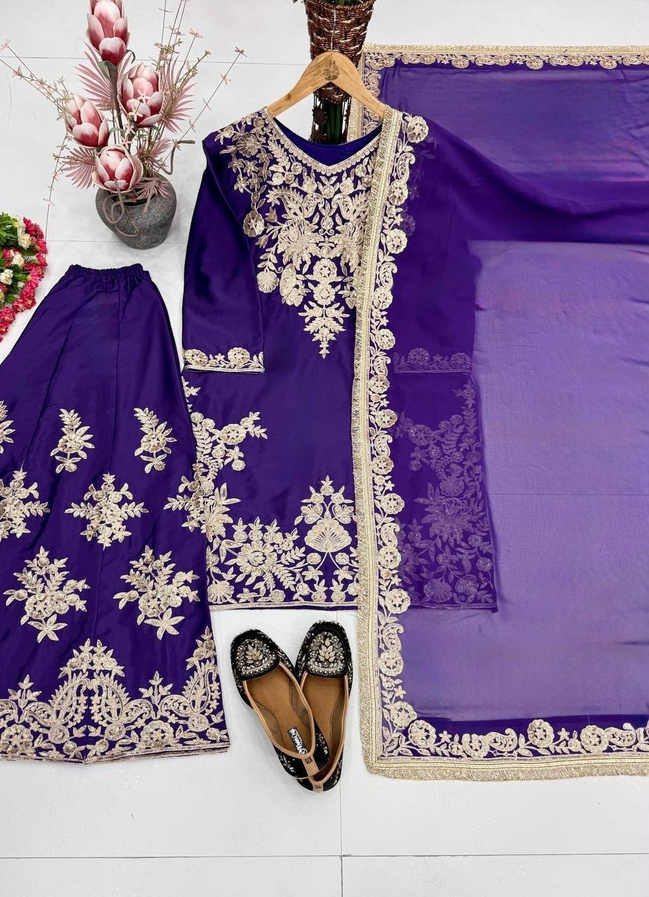 MT-1079 Heavy Natural Silk Embroidered Sequence Palazzo Suit Set