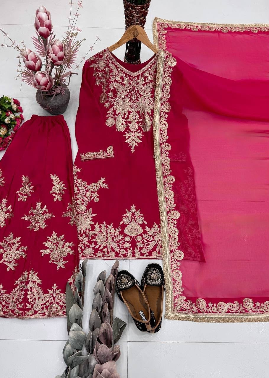 MT-1079 Heavy Natural Silk Embroidered Sequence Palazzo Suit Set