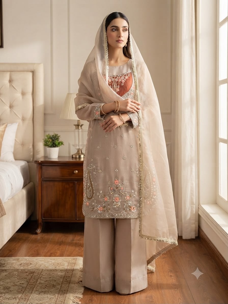 SRK-5369 NC Moss Heavy Embroidery Sequence Palazzo Suit Set