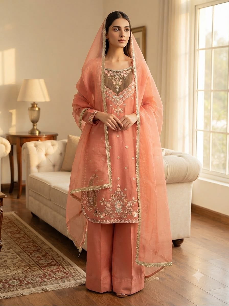 SRK-5369 NC Moss Heavy Embroidery Sequence Palazzo Suit Set