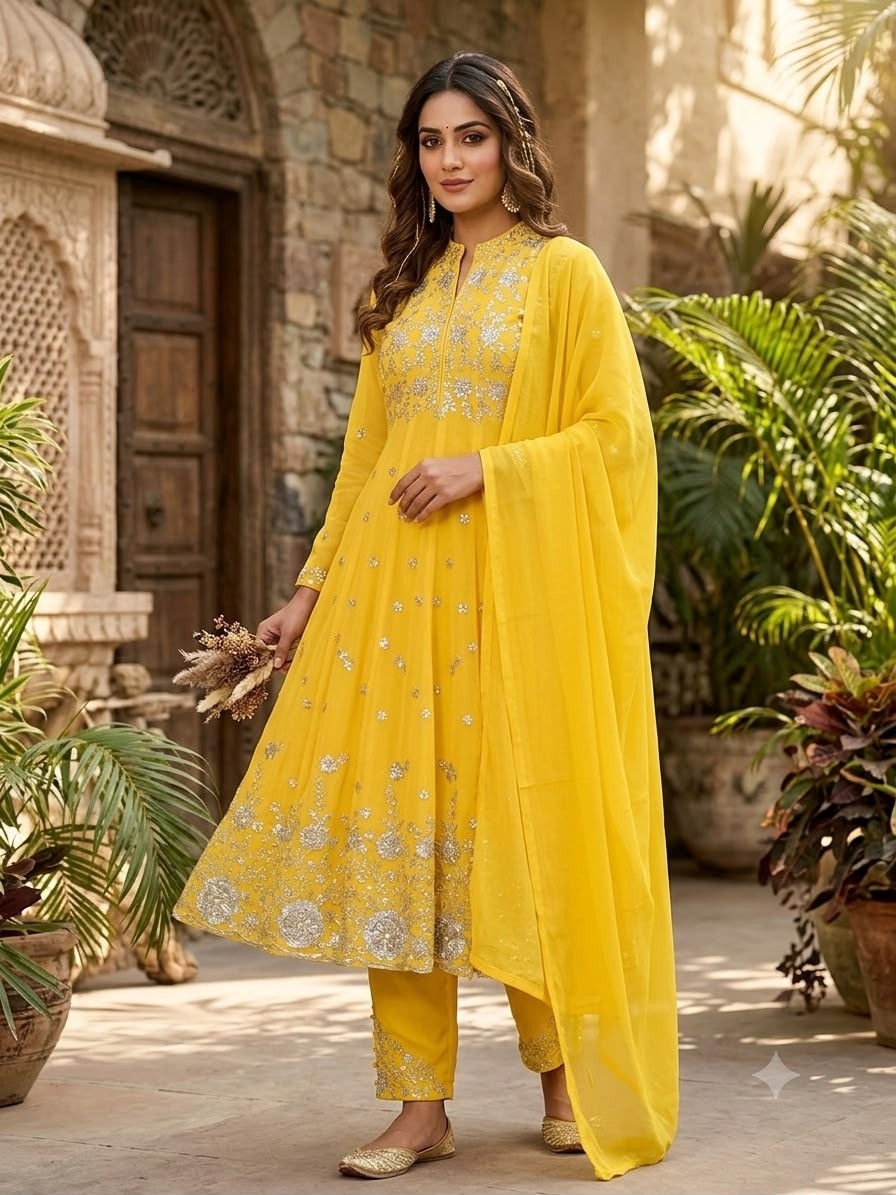 BE-495 Georgette Sequence Embroidered Round Top Pant Set