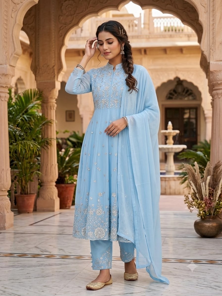 BE-495 Georgette Sequence Embroidered Round Top Pant Set