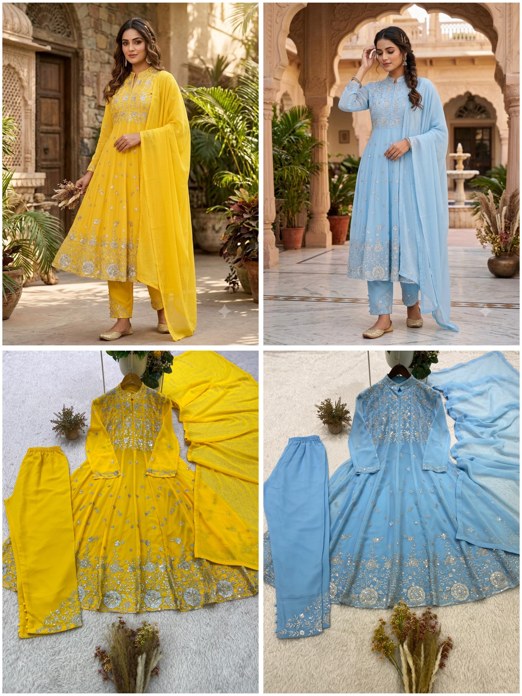 BE-495 Georgette Sequence Embroidered Round Top Pant Set