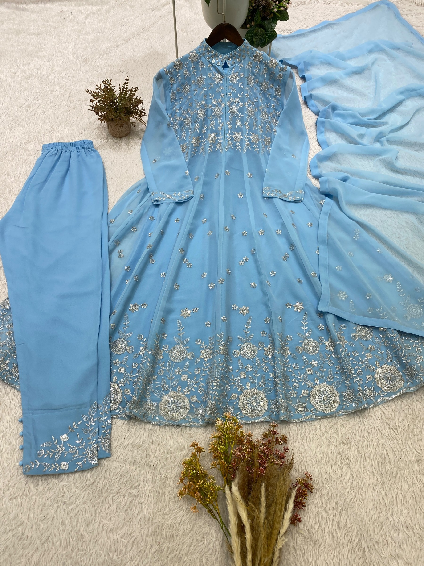 BE-495 Georgette Sequence Embroidered Round Top Pant Set