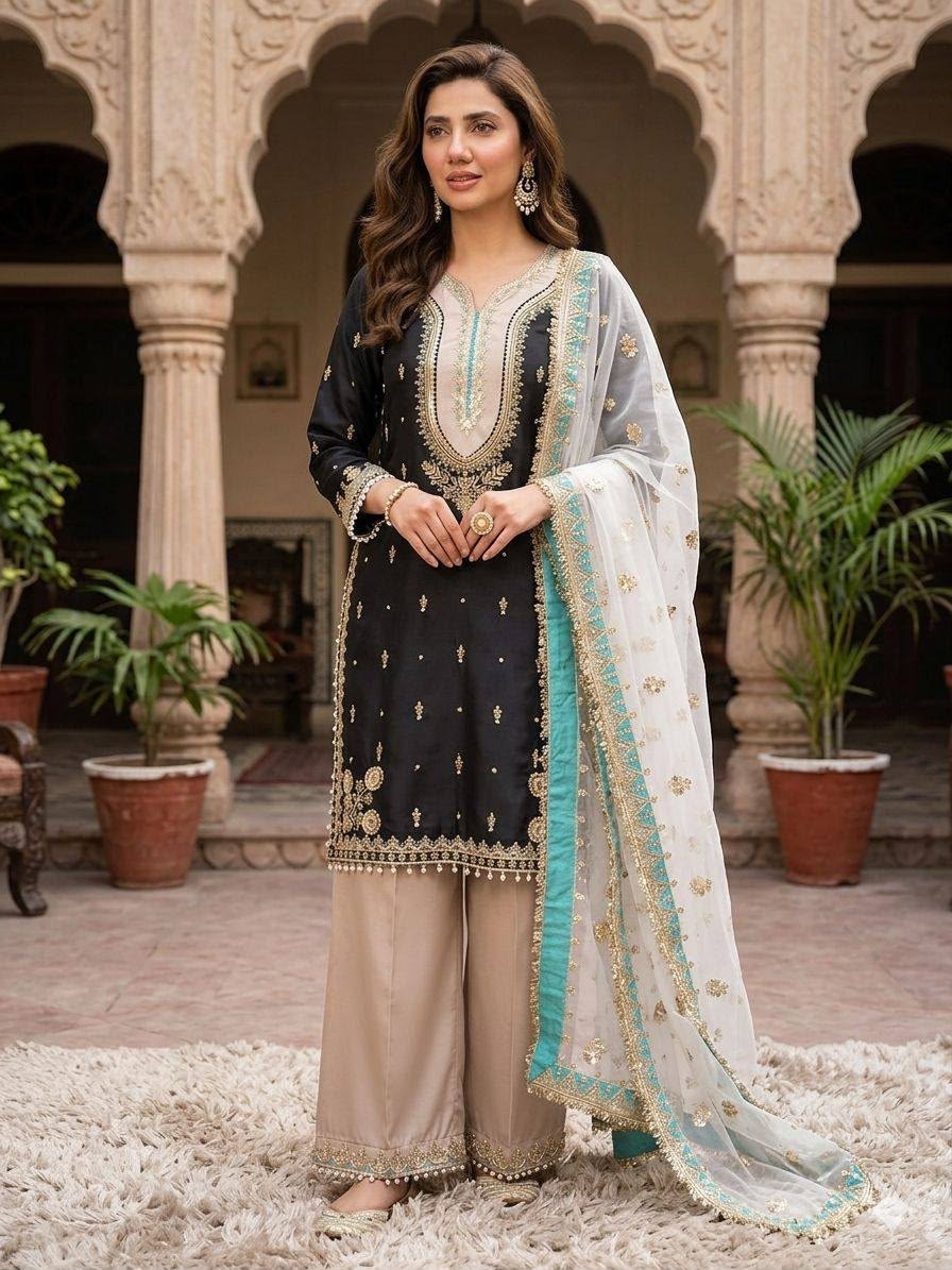 LG-2068 Mahira Khan Inspired Sequence Embroidered Palazzo Suit Set