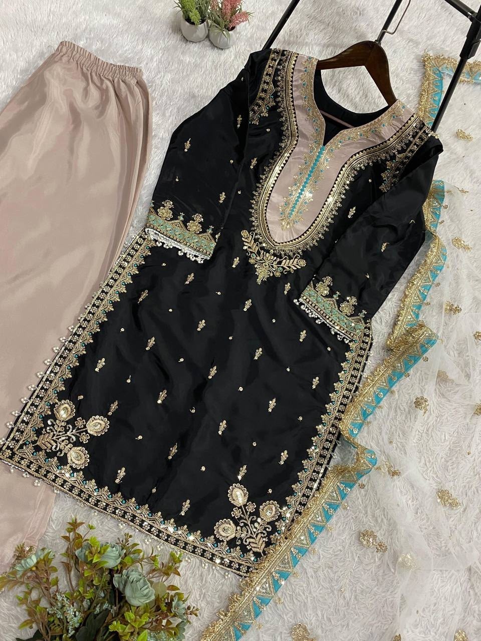 DHK-1404 Pure NC Moss Silk Embroidered Palazzo Suit Set