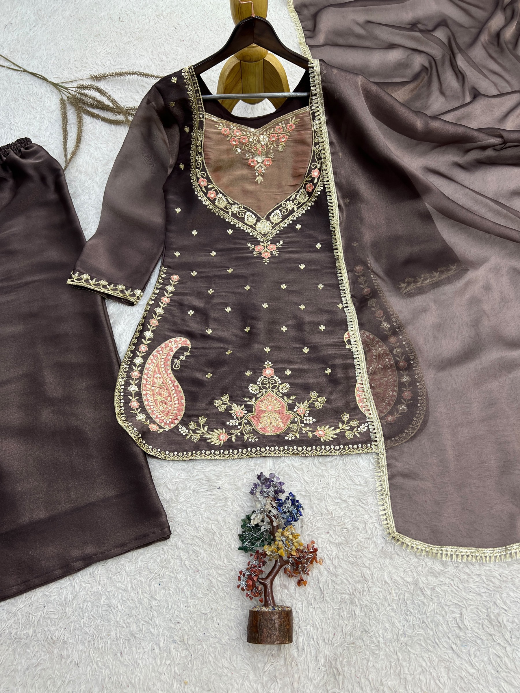 DHK-1404 Pure NC Moss Silk Embroidered Palazzo Suit Set