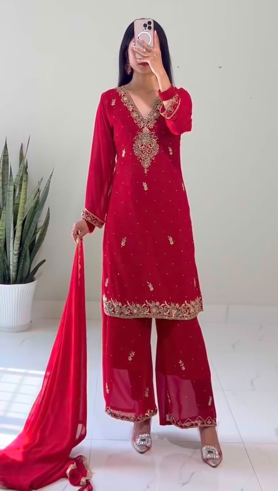HK-1714 Heavy Faux Georgette Beads Dori Sequence Palazzo Suit Set