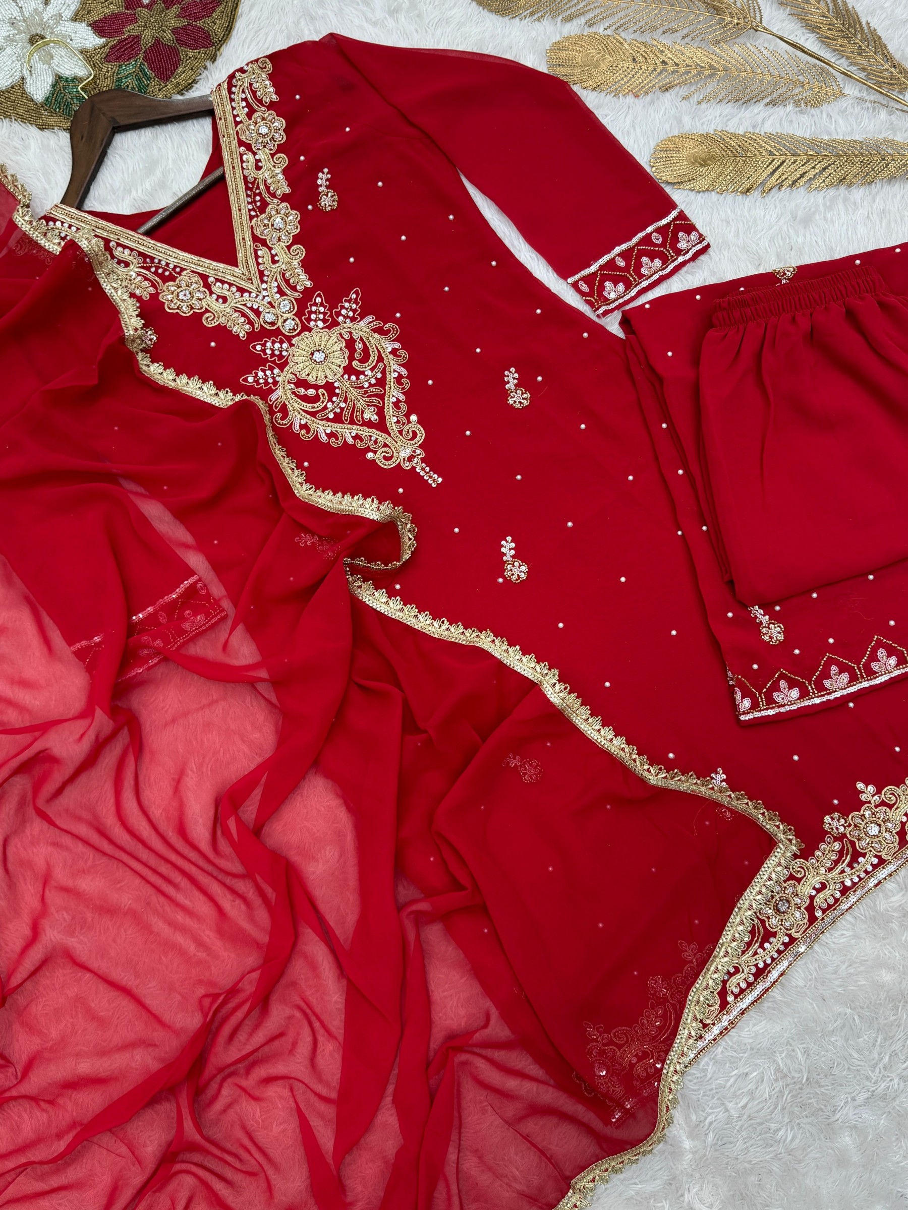 HK-1714 Heavy Faux Georgette Beads Dori Sequence Palazzo Suit Set