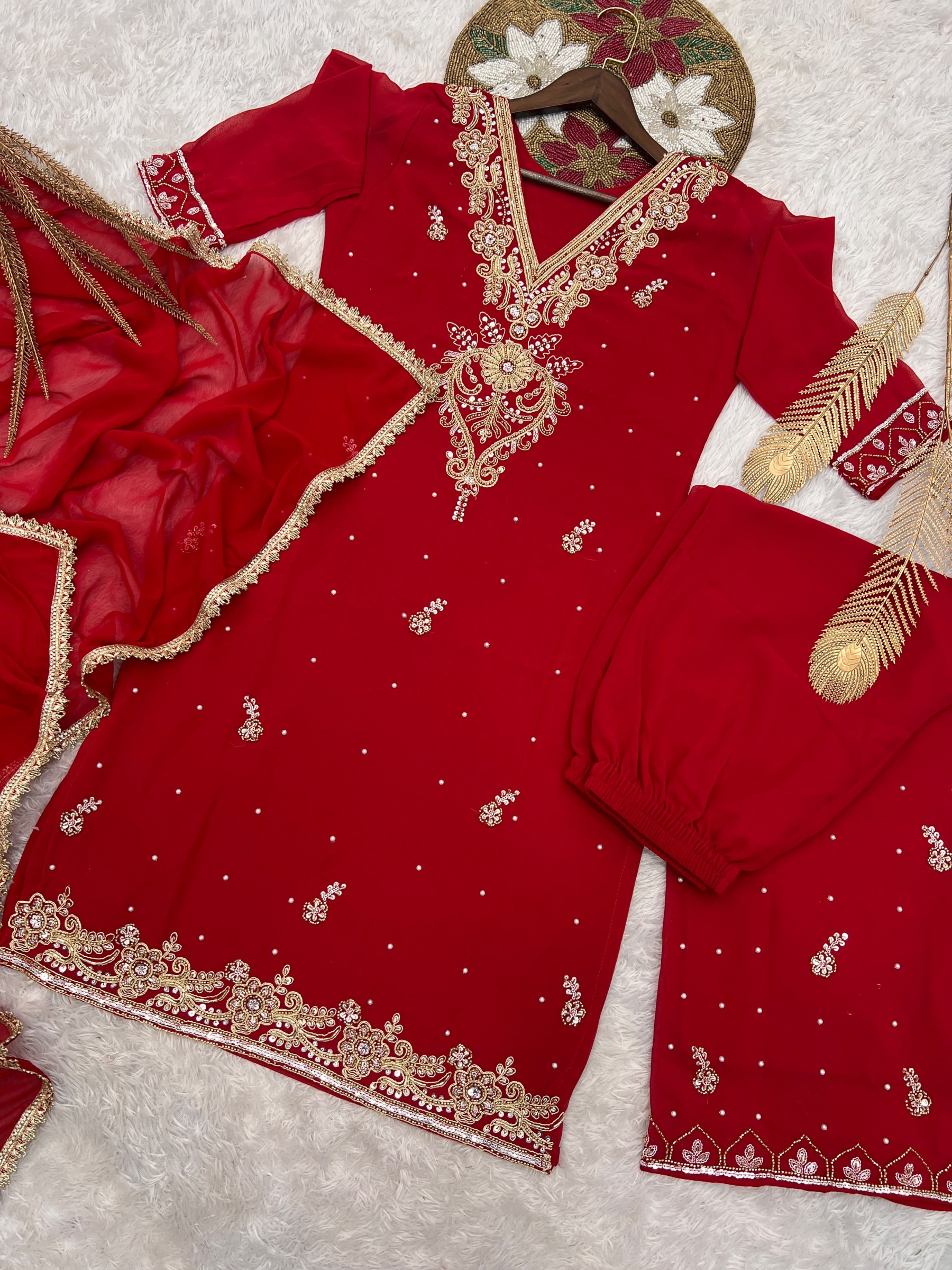 HK-1714 Heavy Faux Georgette Beads Dori Sequence Palazzo Suit Set