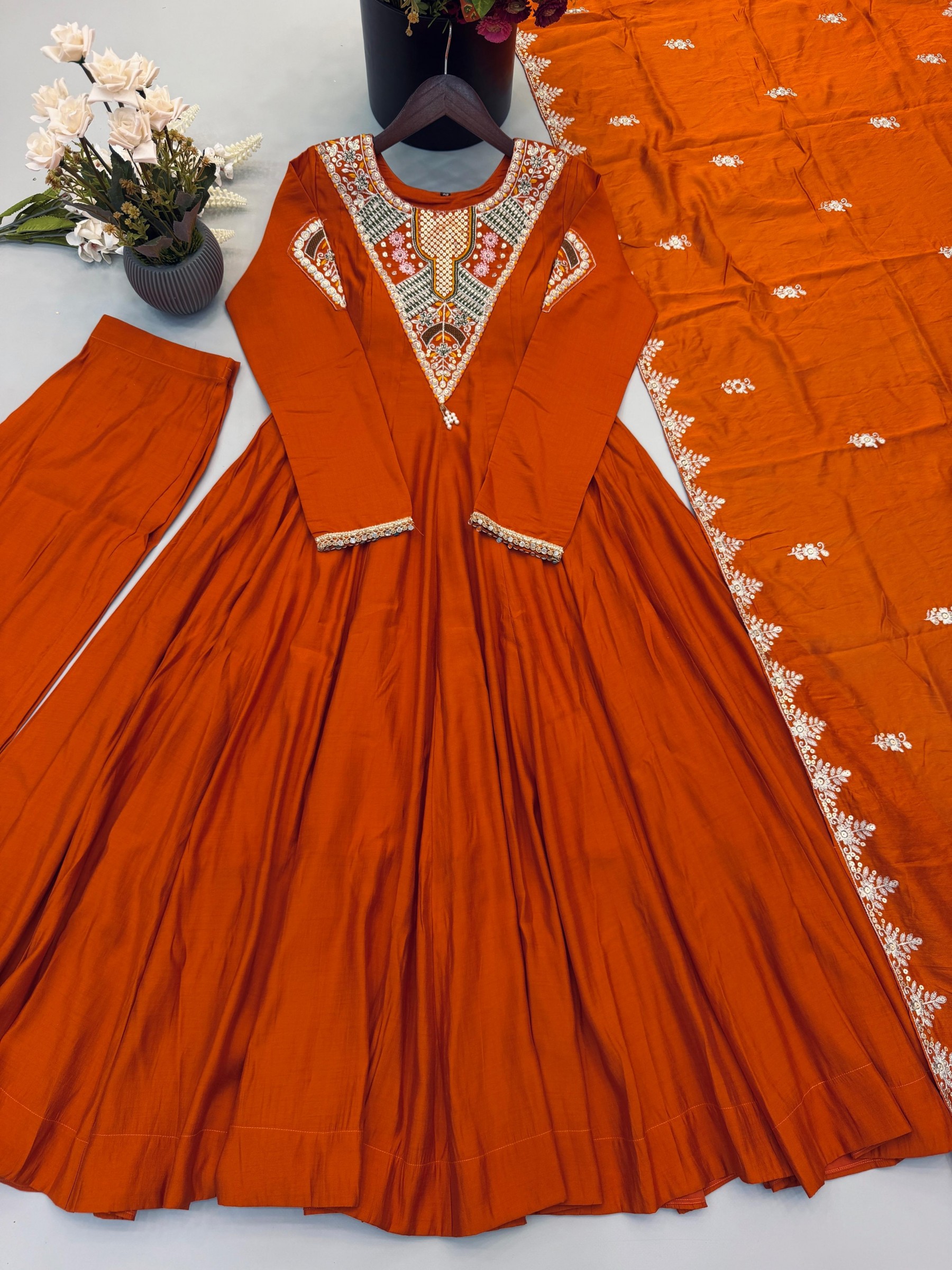 SRK-5370 Roman Silk Embroidered Sequence Anarkali Gown Set