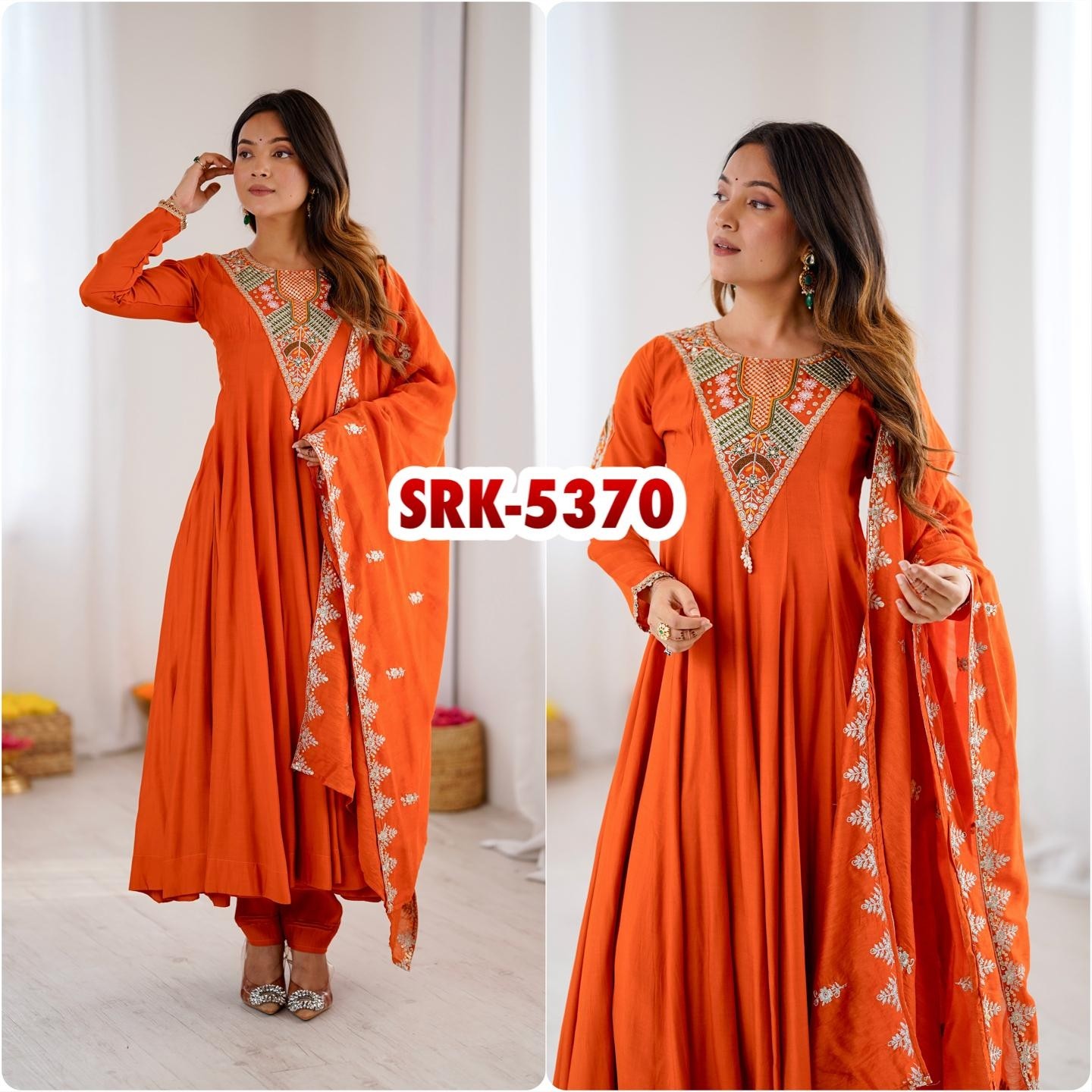 SRK-5370 Roman Silk Embroidered Sequence Anarkali Gown Set
