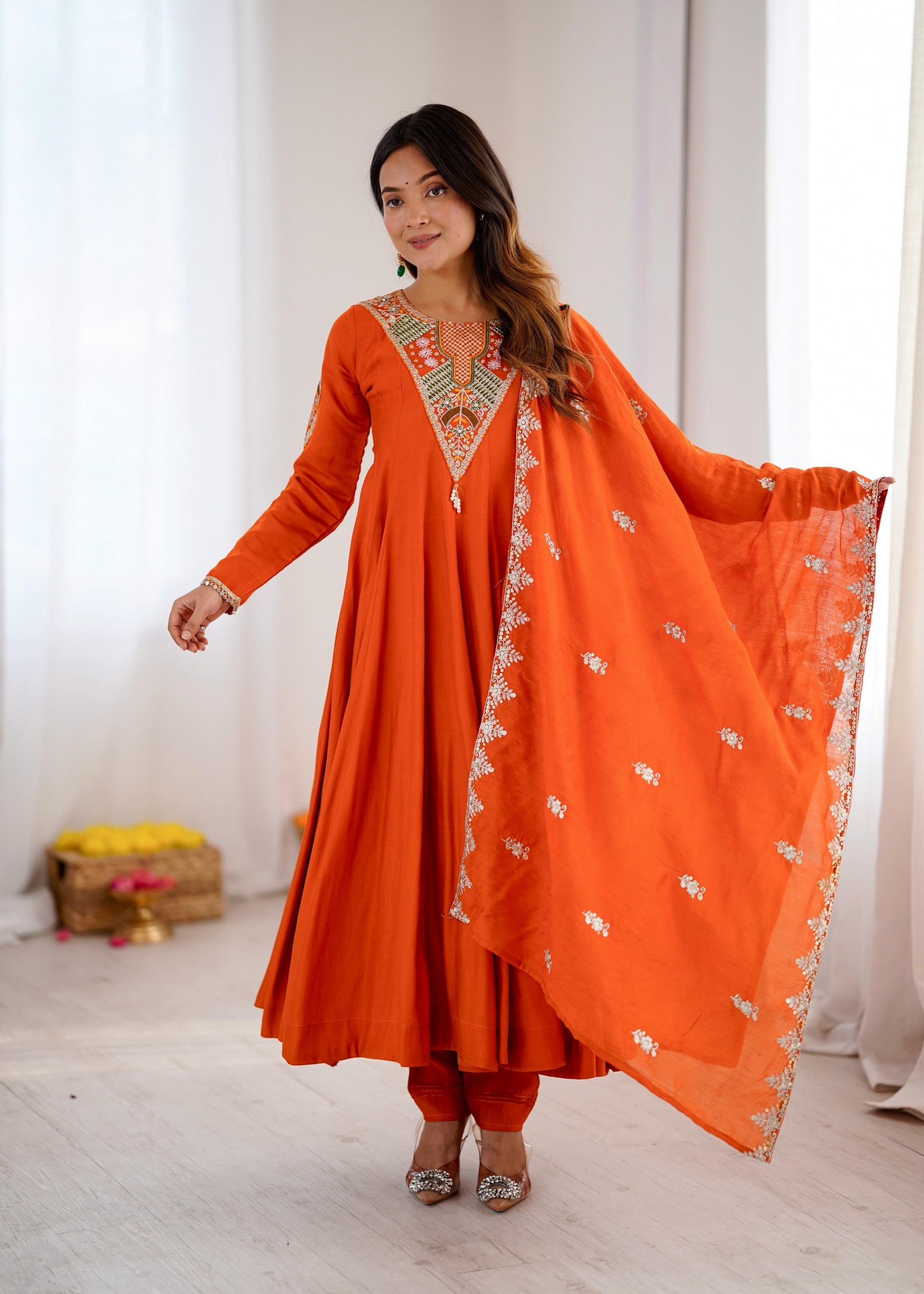 SRK-5370 Roman Silk Embroidered Sequence Anarkali Gown Set