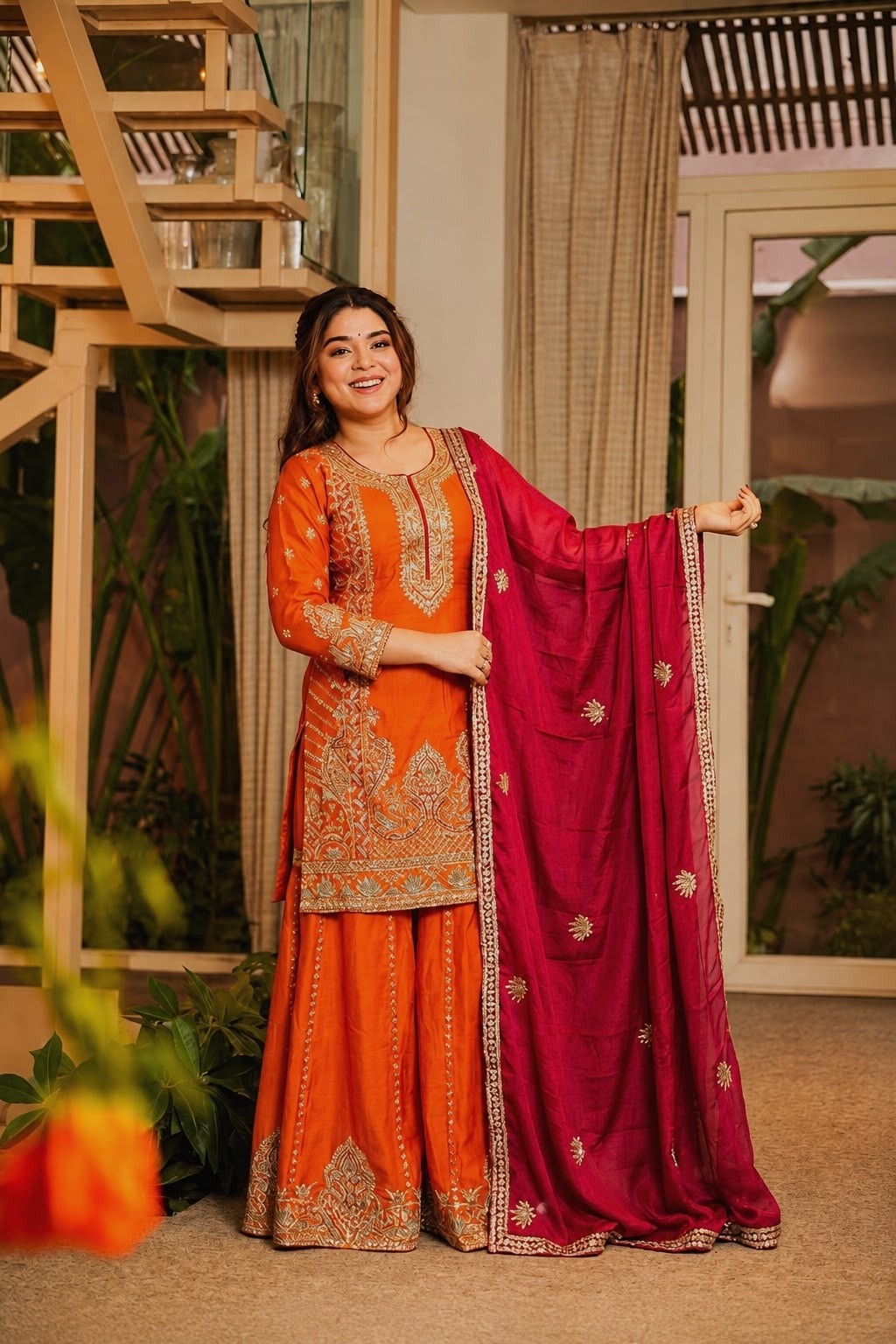 JD-538 Pure Chinon Silk Embroidered Kurti Palazzo Dupatta Set
