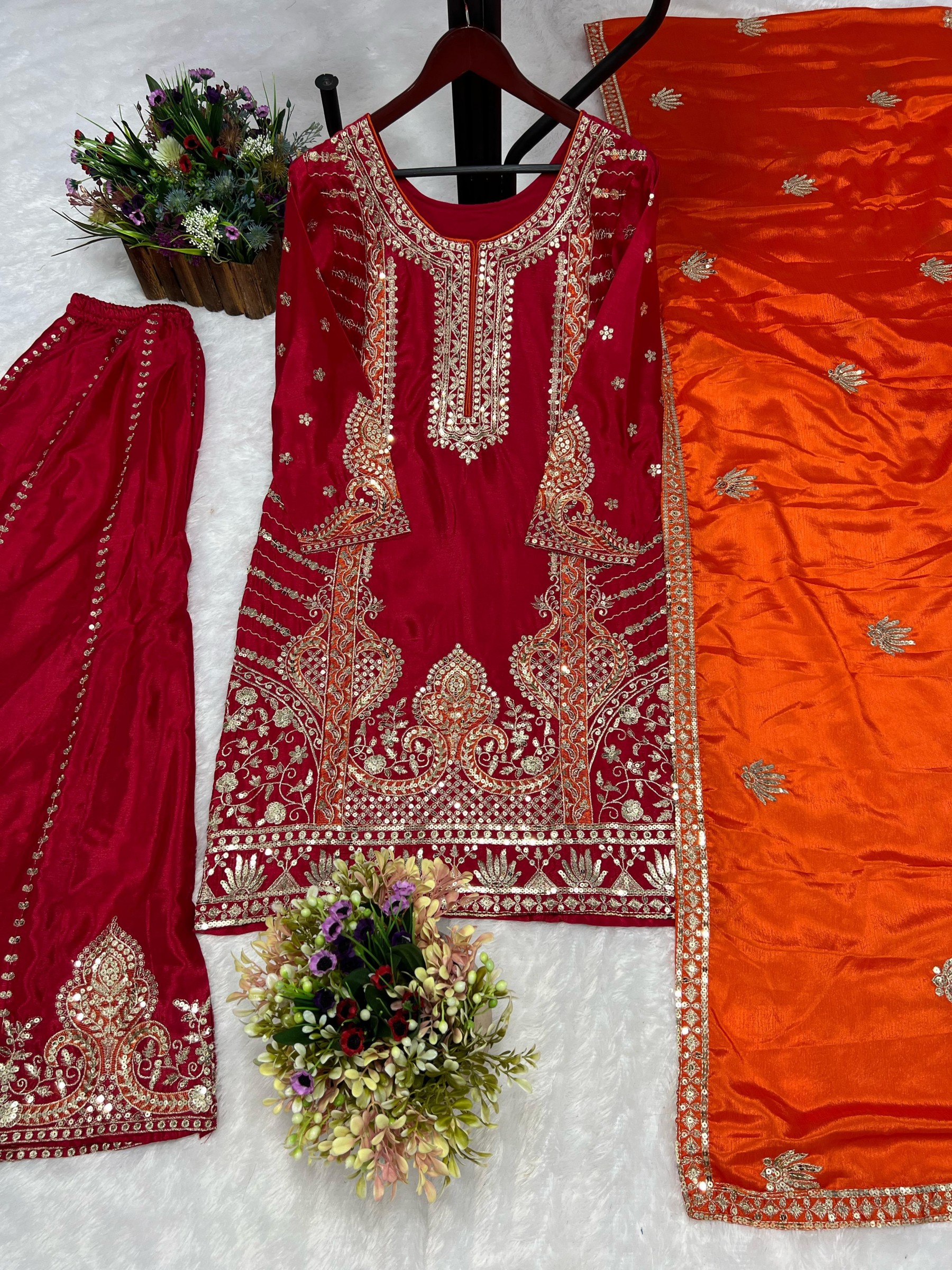 JD-538 Pure Chinon Silk Embroidered Kurti Palazzo Dupatta Set