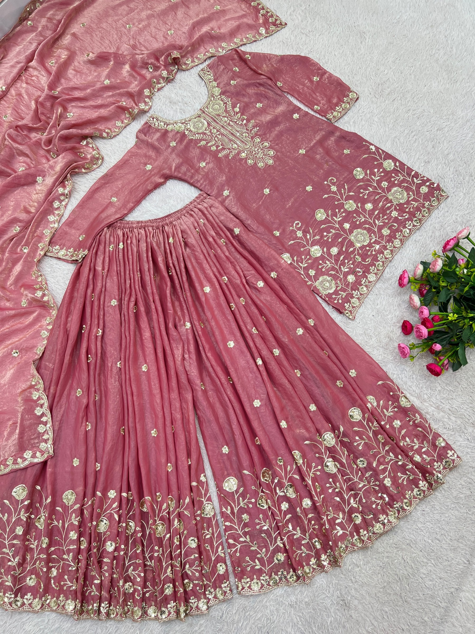 JL-1071 Pure Fendy Silk Embroidered Palazzo Suit Set