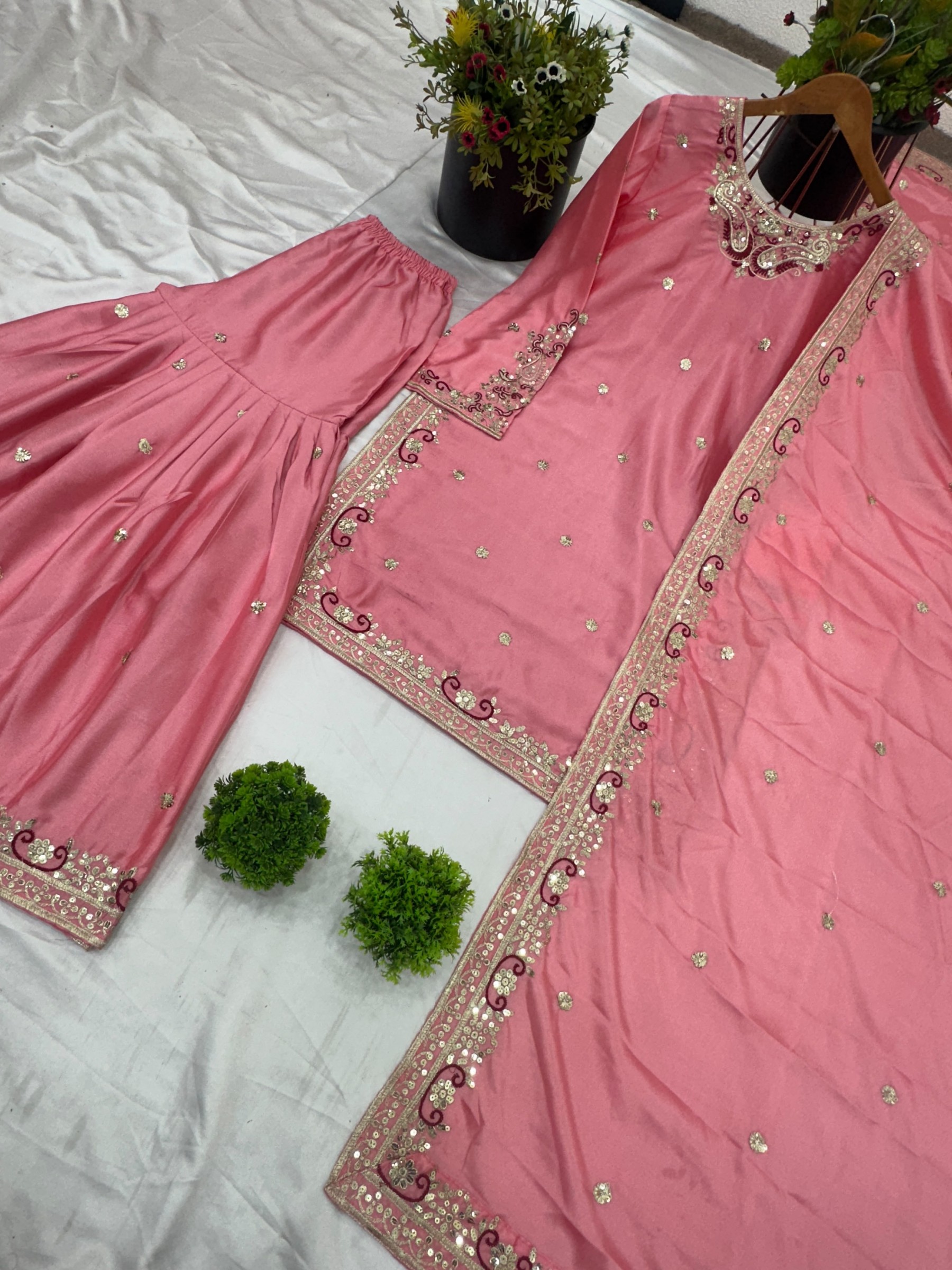 ZF-408 Heavy Pure Chinon Silk Embroidered Sharara Palazzo Suit Set