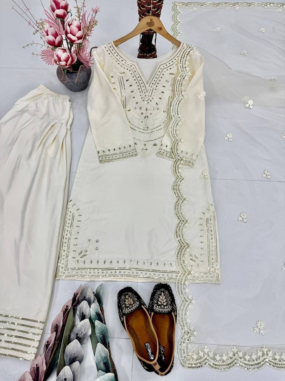DB-004 Designer Party Wear Natural Silk Embroidered Palazzo Suit Set