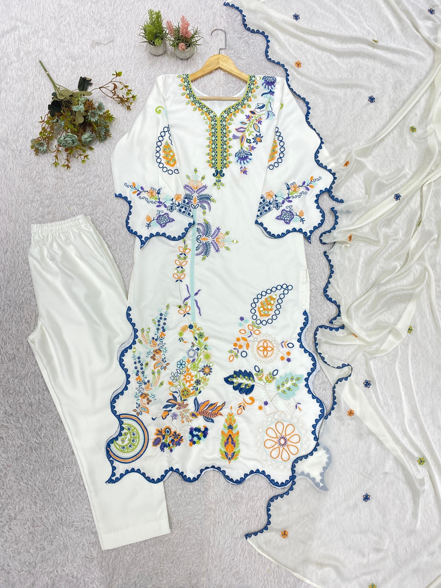 ZF-5013 Pure Roman Silk Mirror Work Designer Co-ord Set