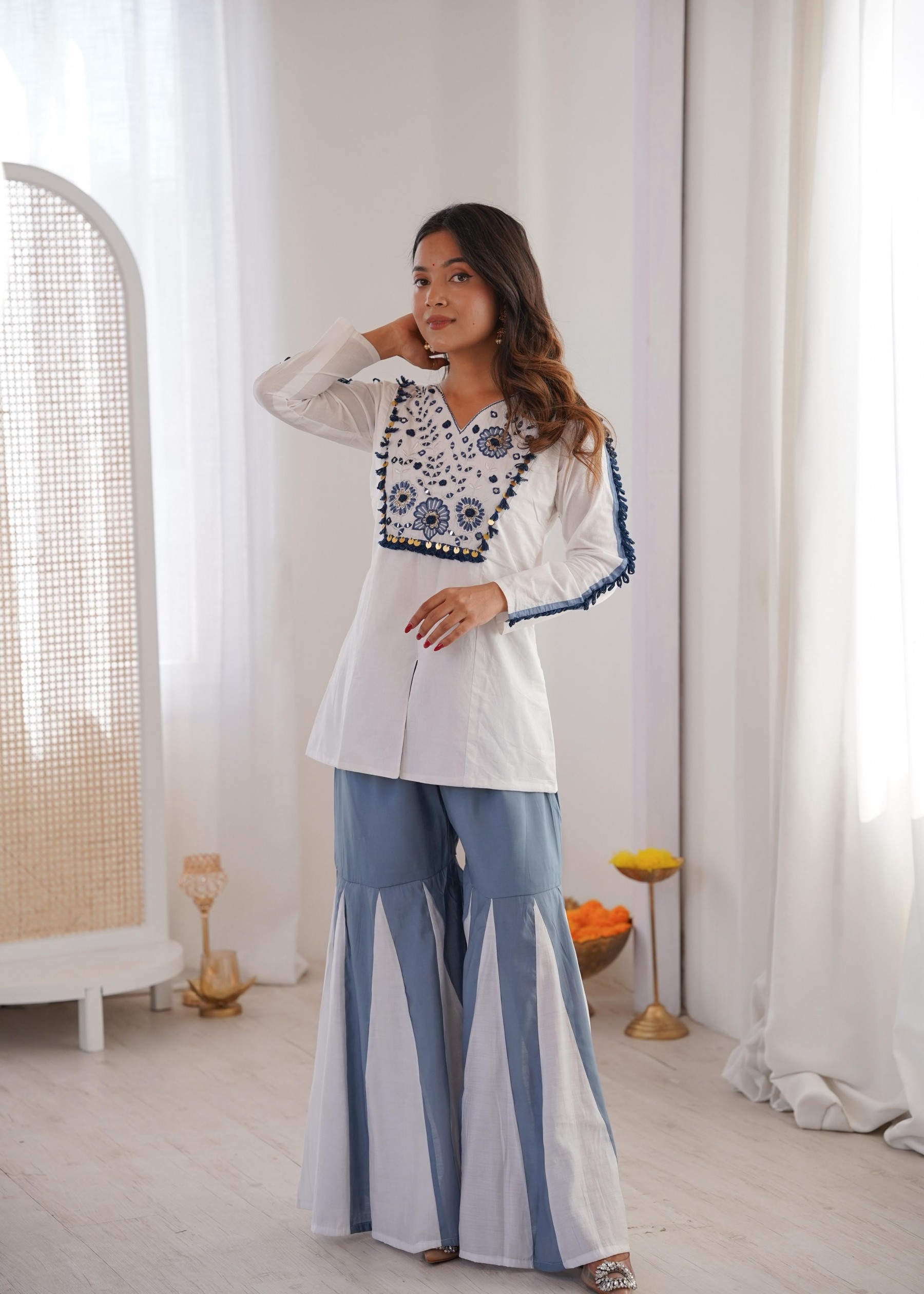ZF-5013 Pure Roman Silk Mirror Work Designer Co-ord Set