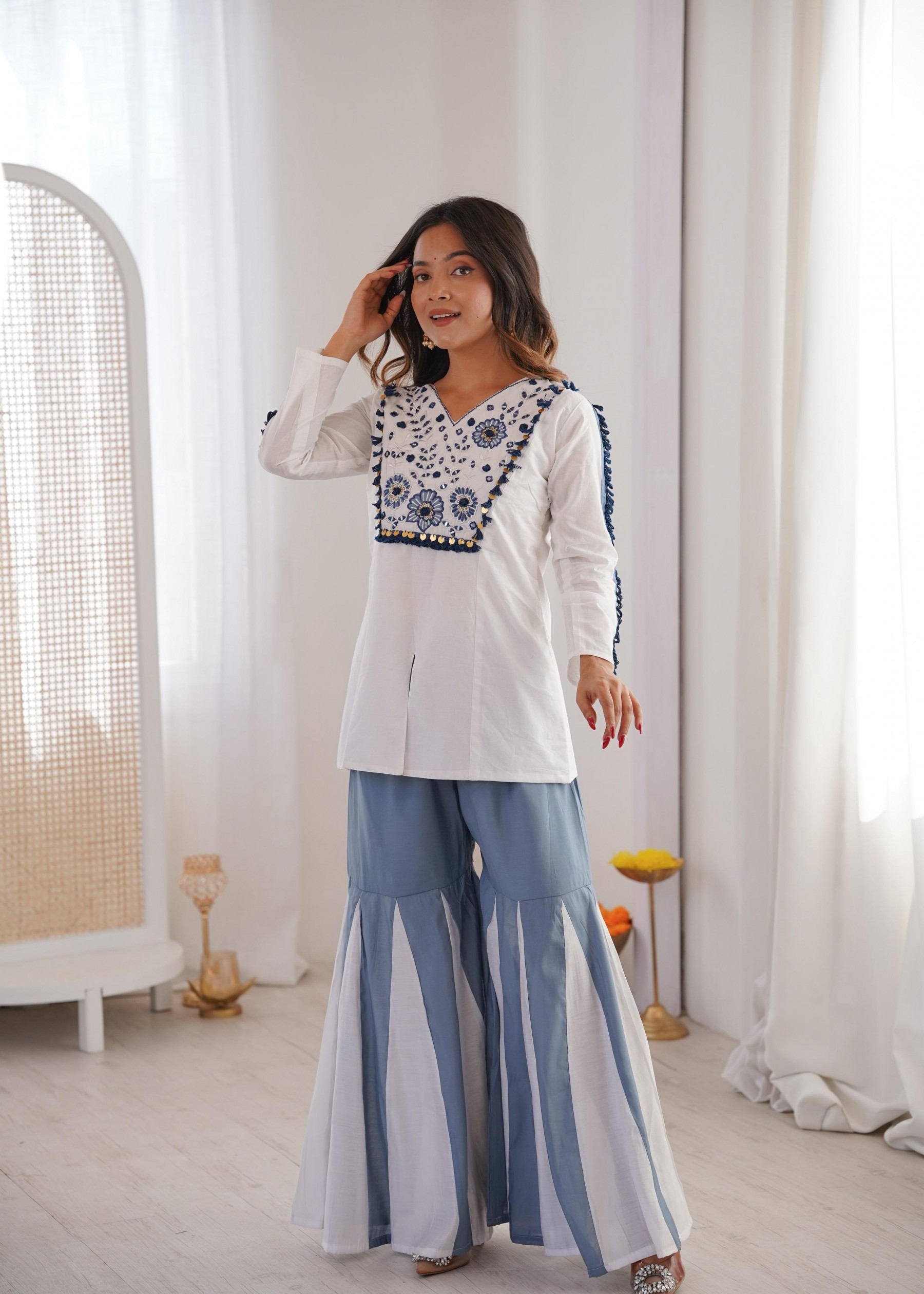 ZF-5013 Pure Roman Silk Mirror Work Designer Co-ord Set