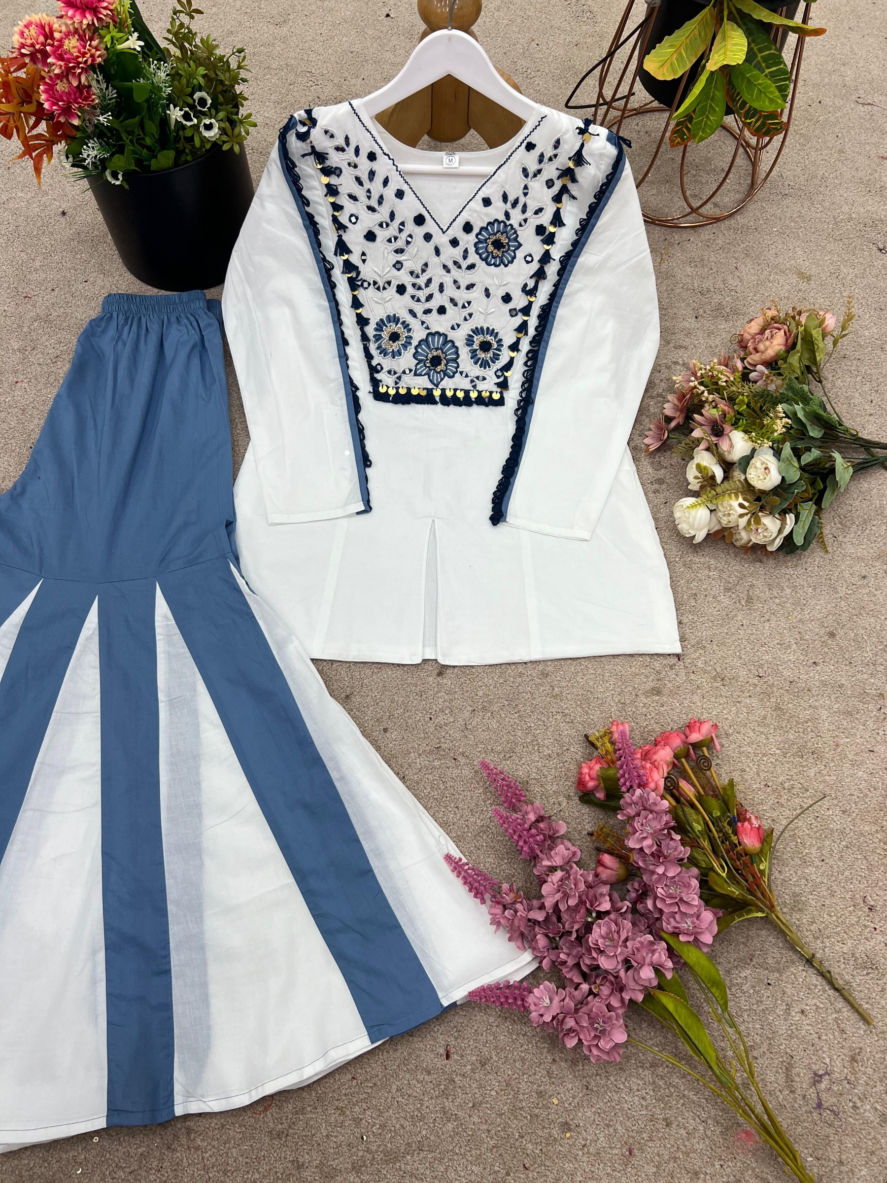 ZF-5013 Pure Roman Silk Mirror Work Designer Co-ord Set