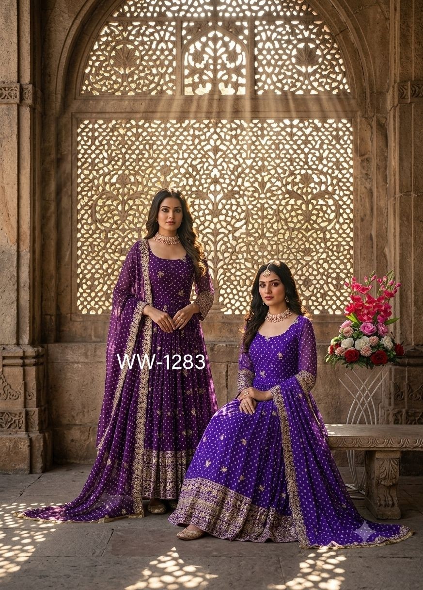 WW-1283 Bandhani Print Embroidered Sequence Gown Pant Dupatta Set