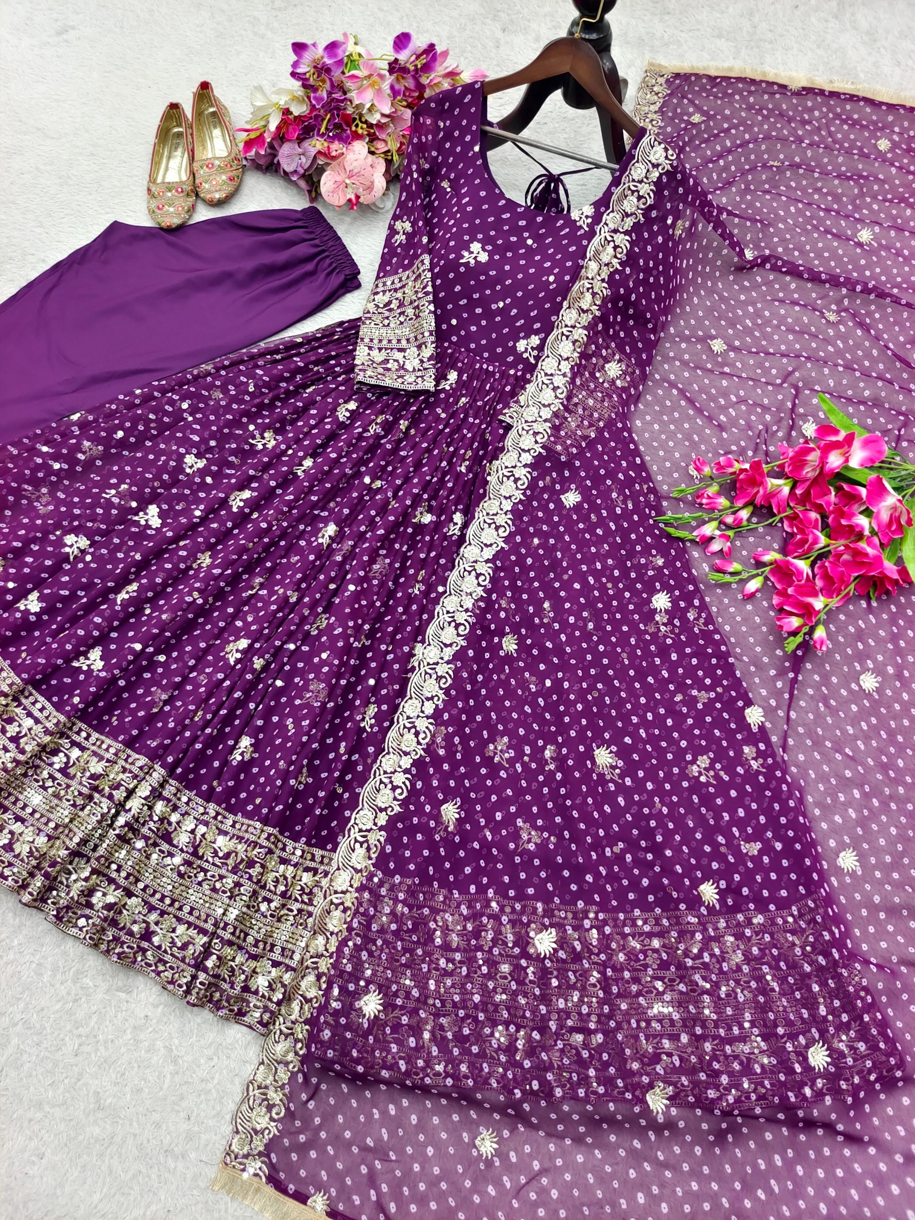 WW-1283 Bandhani Print Embroidered Sequence Gown Pant Dupatta Set