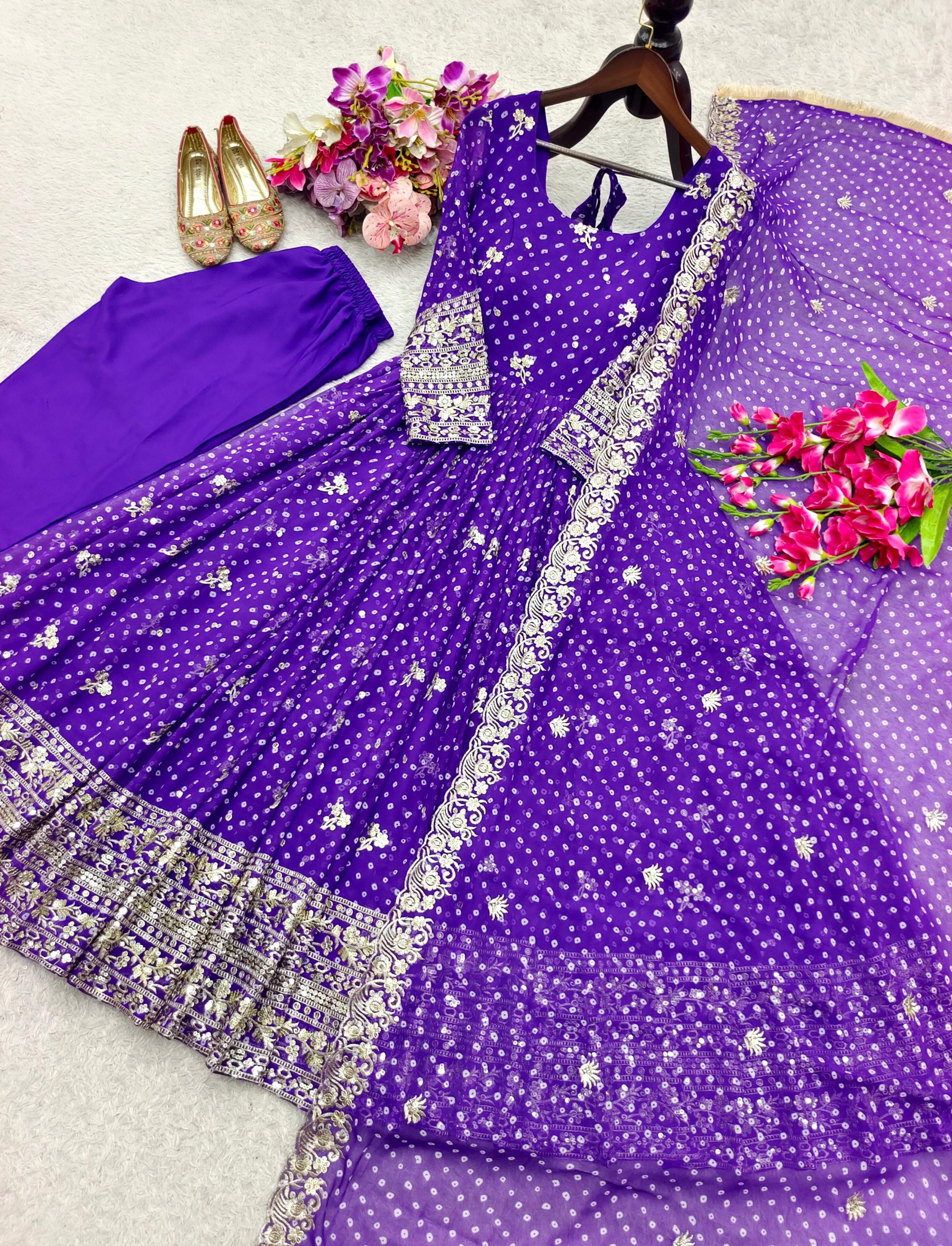 WW-1283 Bandhani Print Embroidered Sequence Gown Pant Dupatta Set