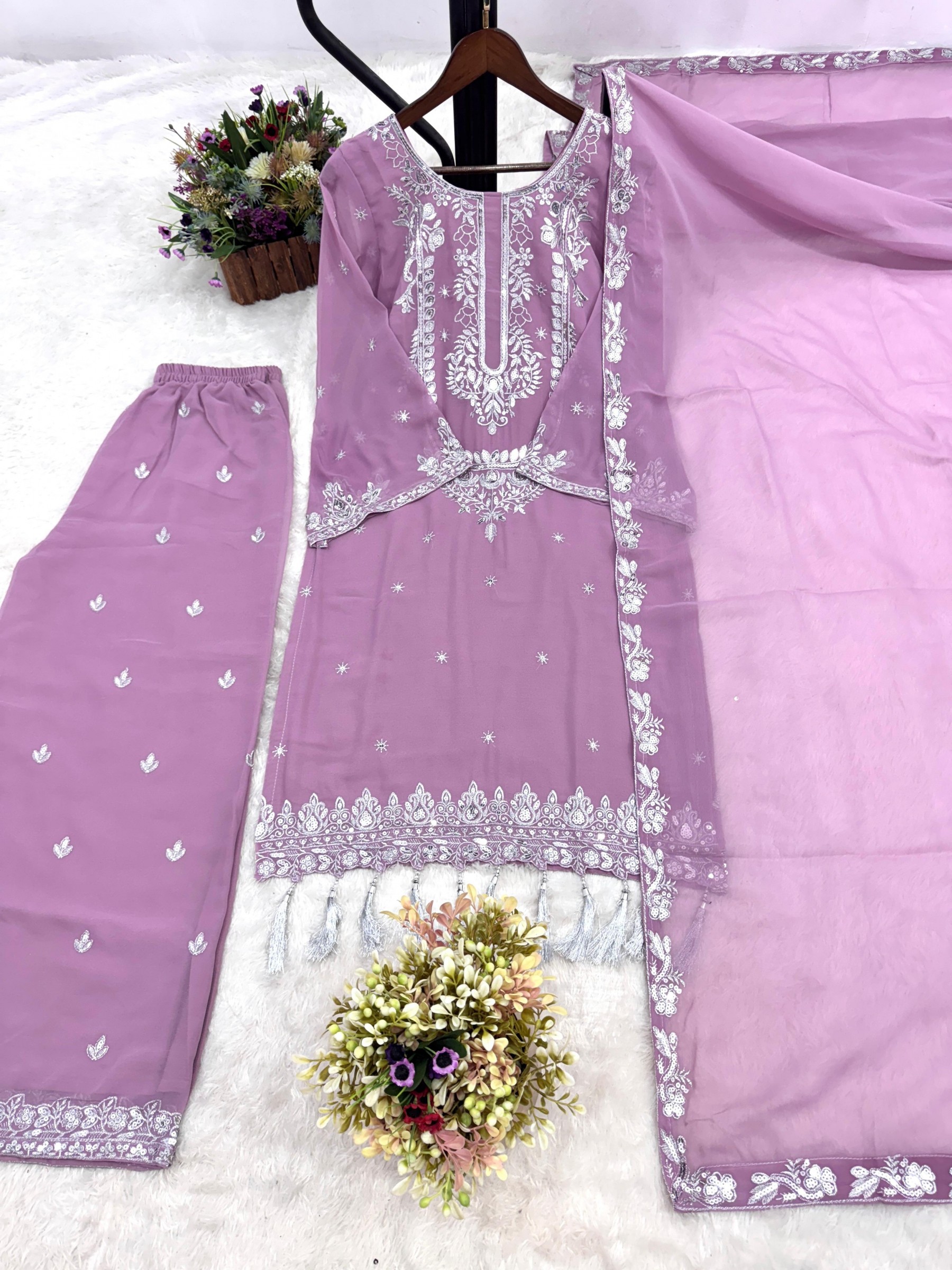 JL-1038 Faux Georgette Embroidered Sequence Kurti Palazzo Dupatta Set
